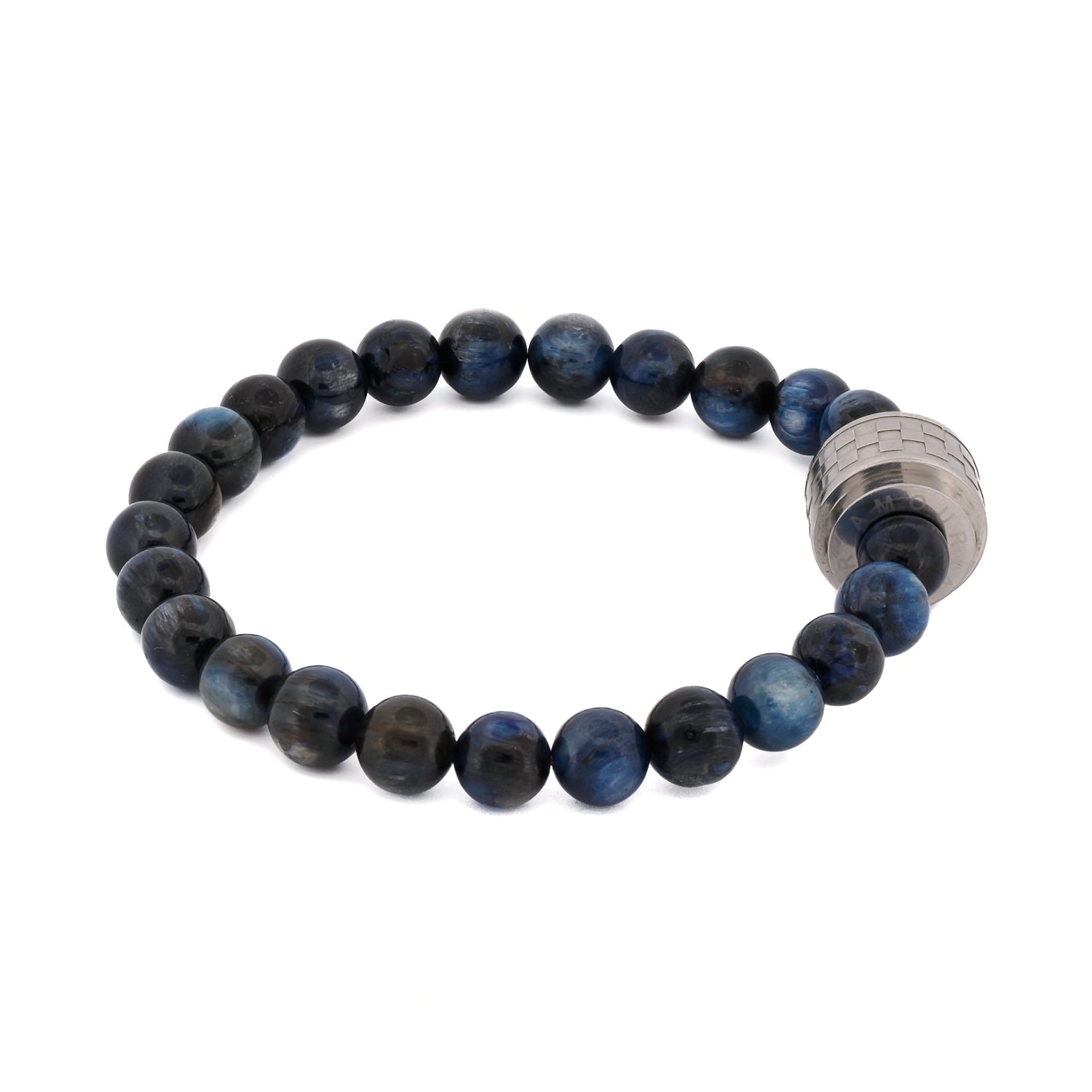 Stylish Silver Amour Bracelet with a stainless steel Amour bead and blue tiger's eye beads, perfect for special occasions