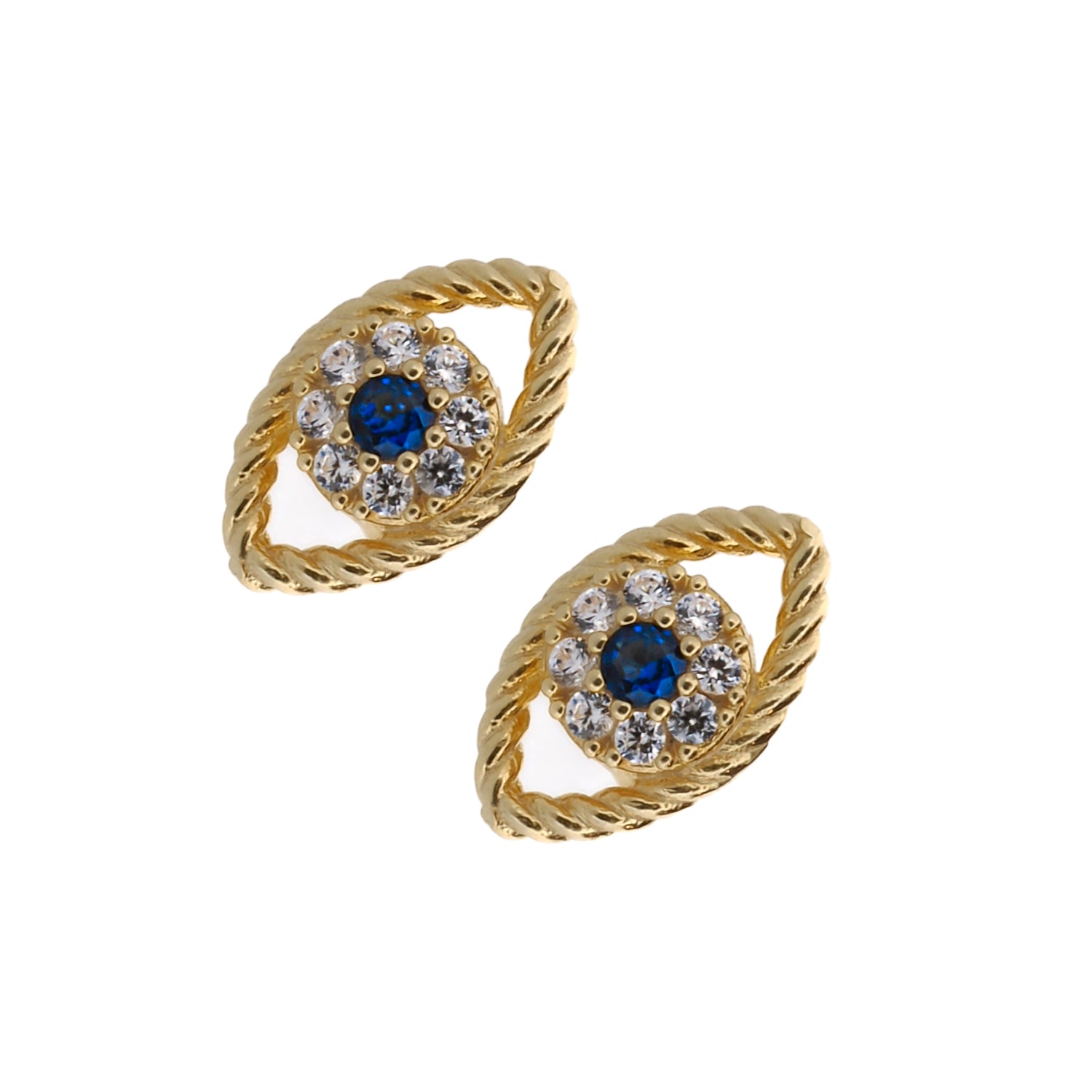 Blue Sapphire Diamond & Gold Evil Eye Stud Earrings with vibrant blue sapphire and pave CZ diamonds.