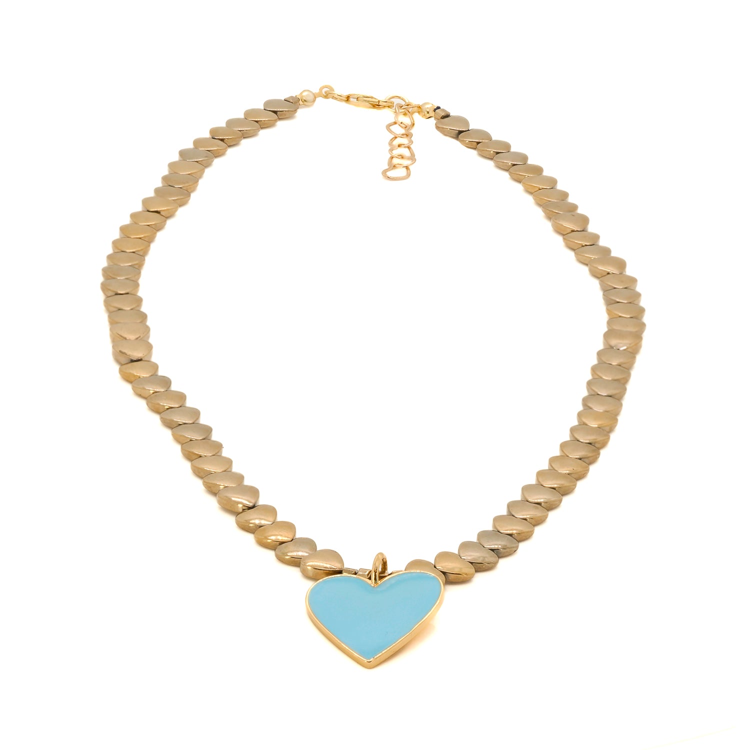 Calmness Blue Heart Pendant Gold Heart Beaded Necklace