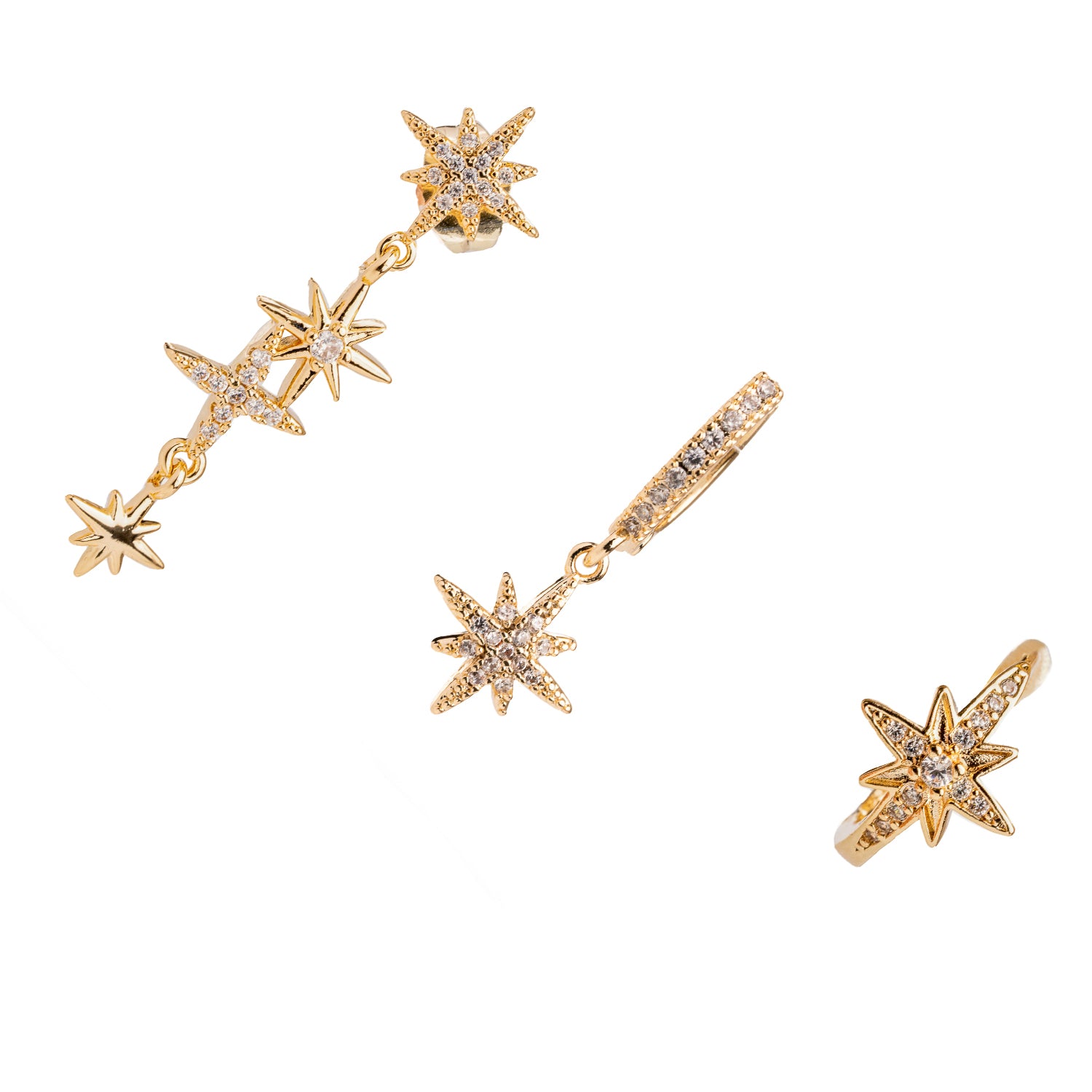 18k gold-plated star-shaped earrings set featuring sparkling diamonds, handmade in the USA