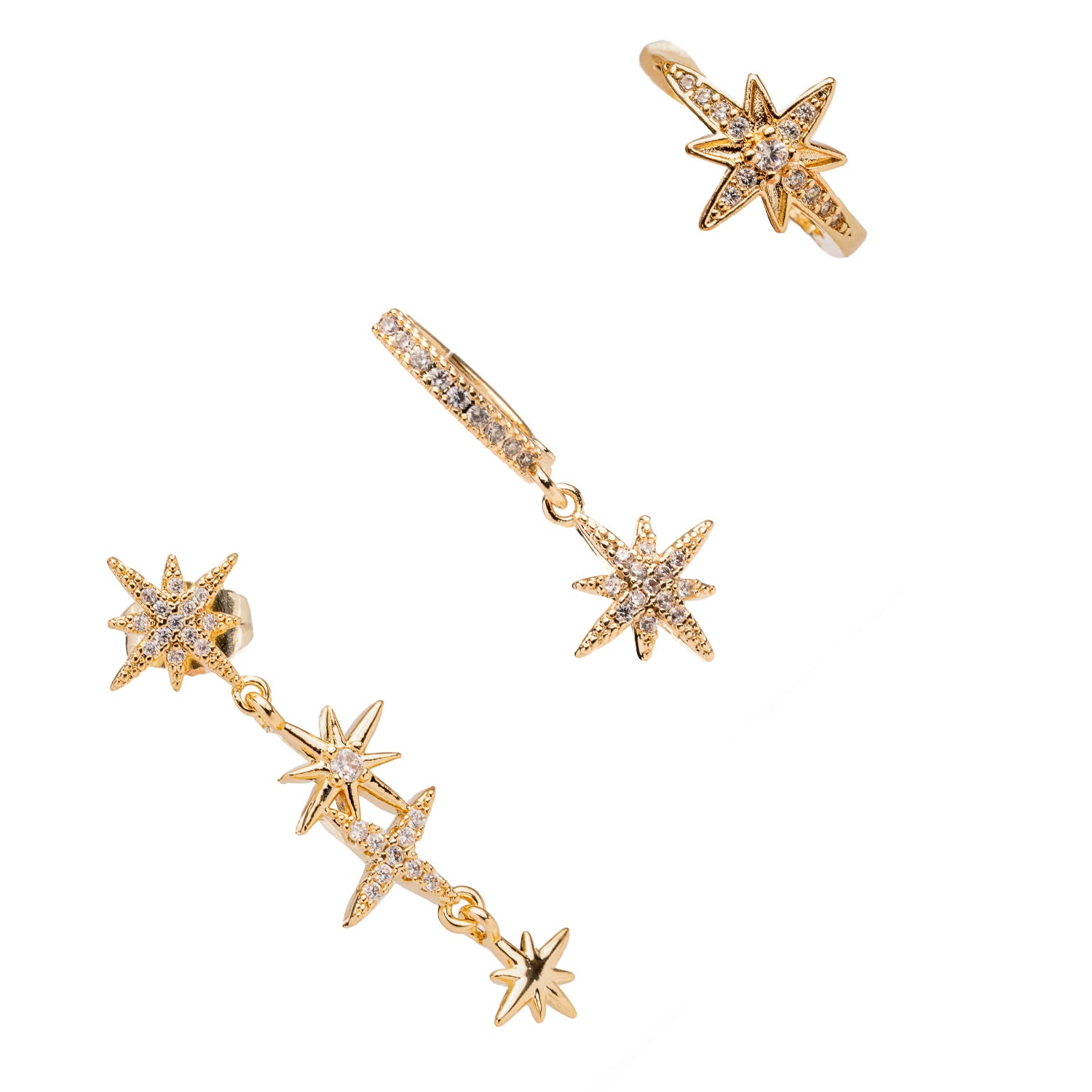 Handcrafted 18k gold star earrings with diamond details, perfect for a celestial-themed accessory