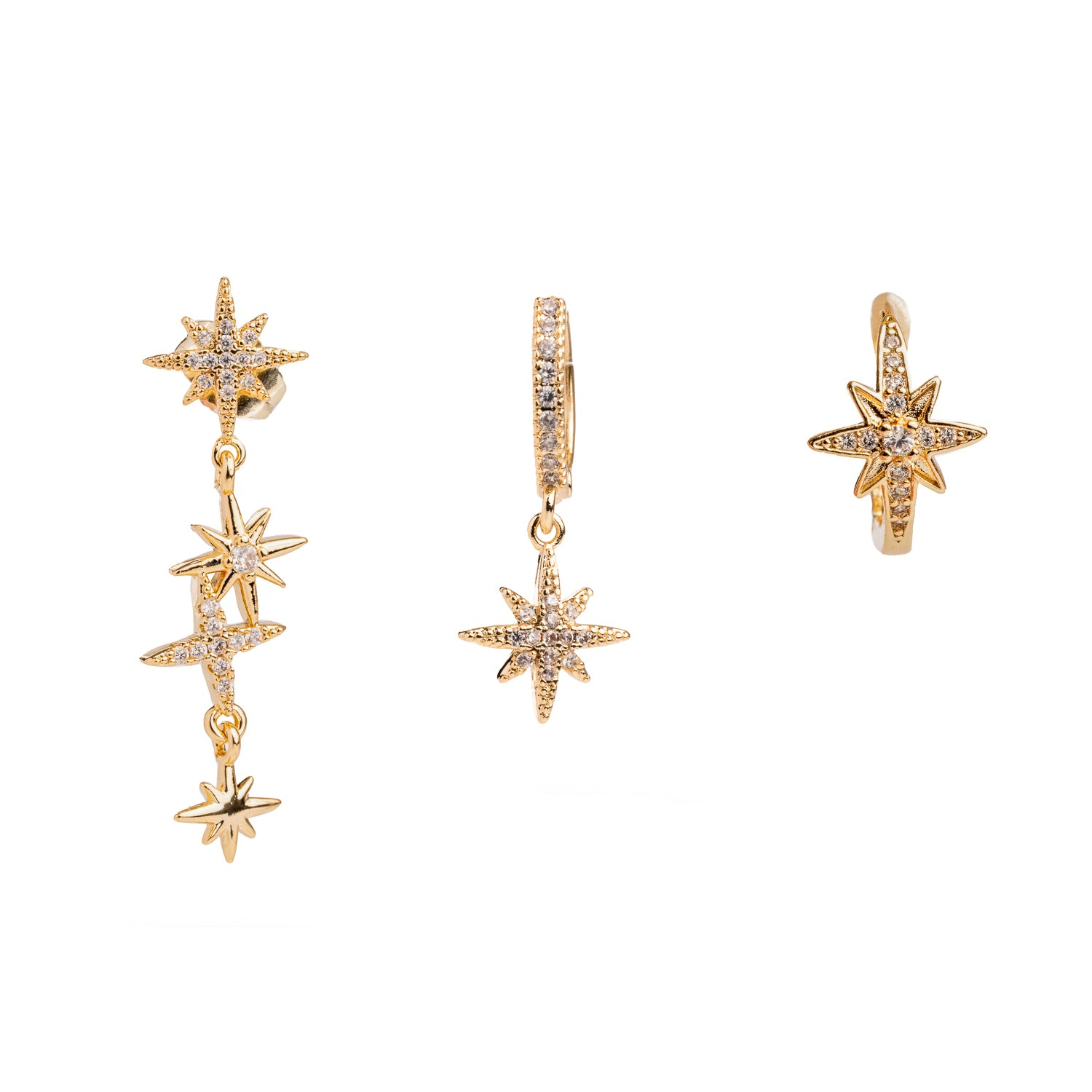 Celestial Trinity earring set with three star-shaped earrings, 18k gold-plated brass, and CZ diamonds