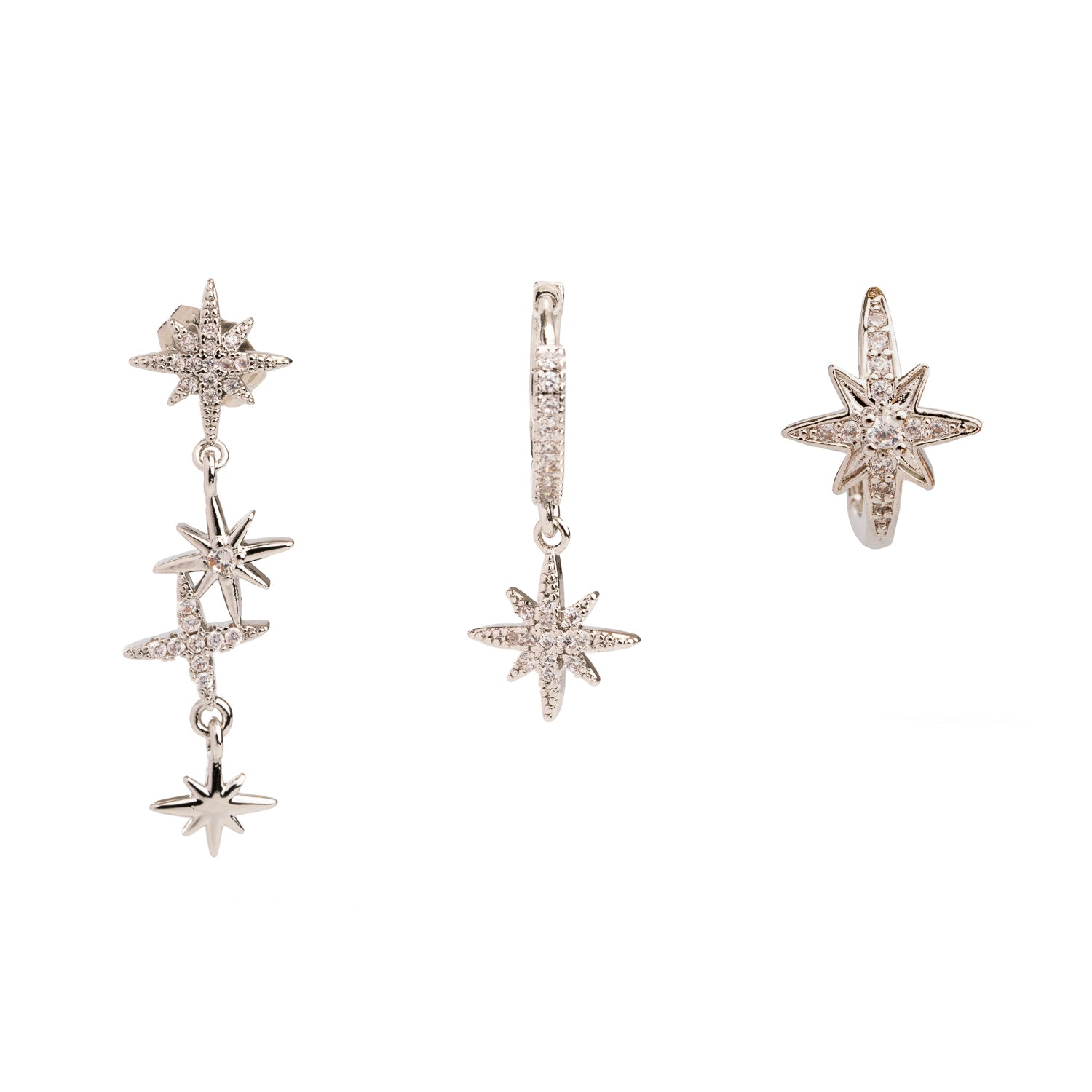 Celestial Trinity silver earring set featuring three star-shaped studs with CZ diamonds, 18k white gold-plated brass