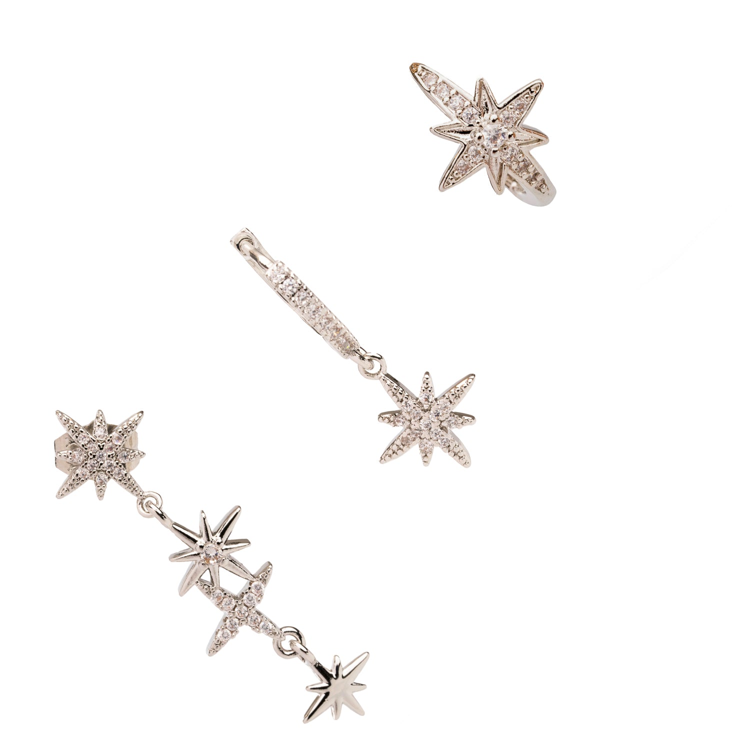 Silver star earrings with 18k white gold plating and CZ diamonds, perfect for adding celestial sparkle