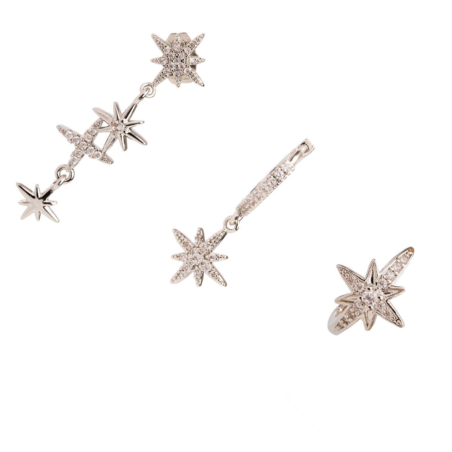 18k white gold-plated star earrings with sparkling CZ diamonds, designed for a cosmic elegance