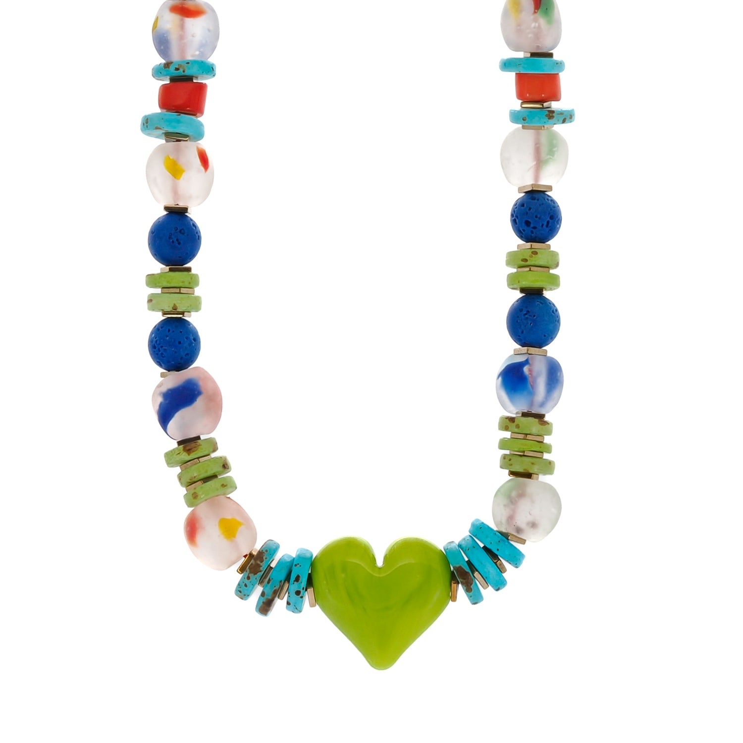Crafted with Care: Green Ceramic Heart Pendant on Beaded Necklace