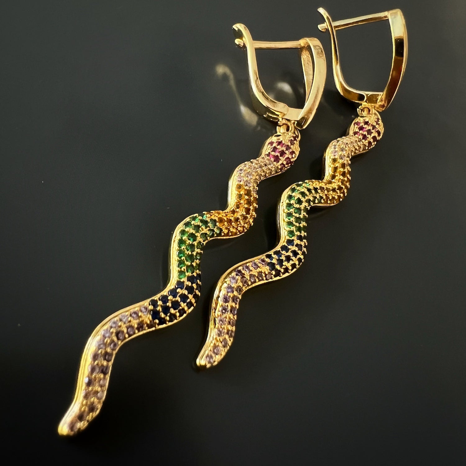 Handmade Cheerful Snake Earrings with a fun and stylish gold-plated snake design.