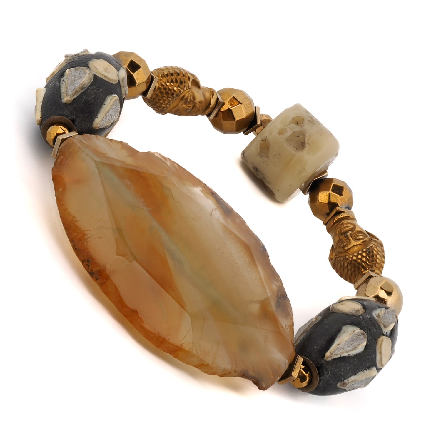Chunky Agate Stone Gold Buddha Beaded Bracelet
