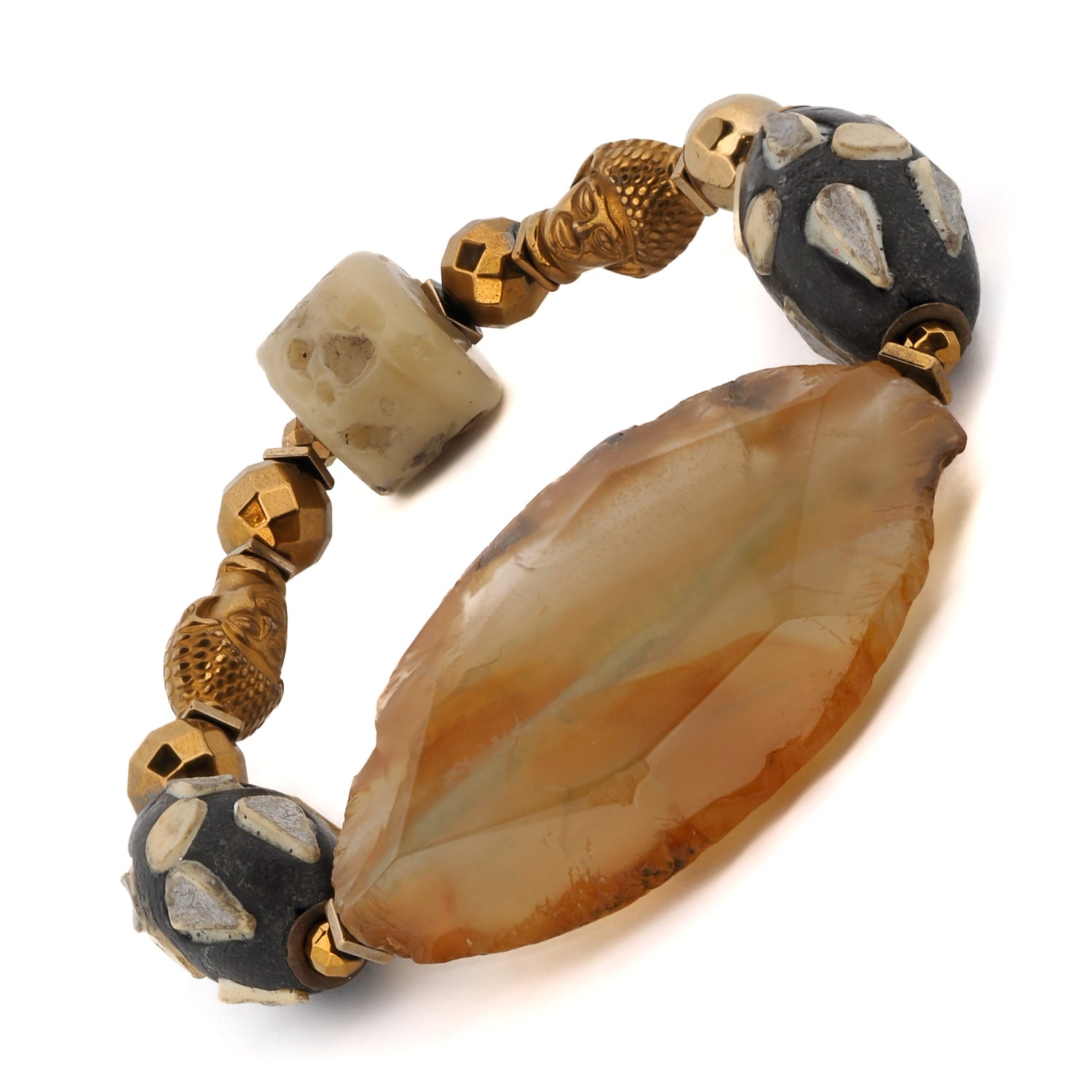 Chunky Agate Stone Gold Buddha Beaded Bracelet