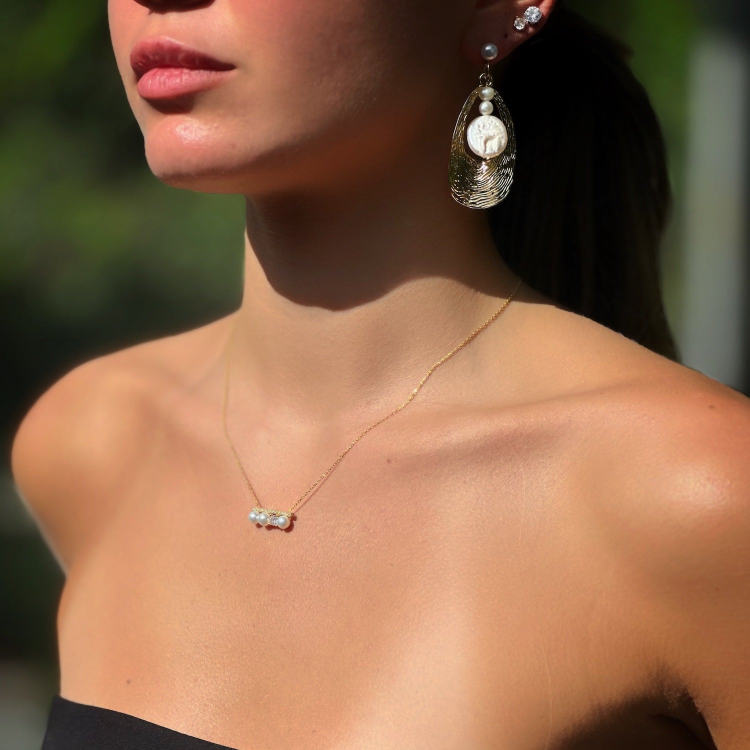 Model Grace: Cleopatra Gold & Pearl Earrings, Handmade Elegance.
