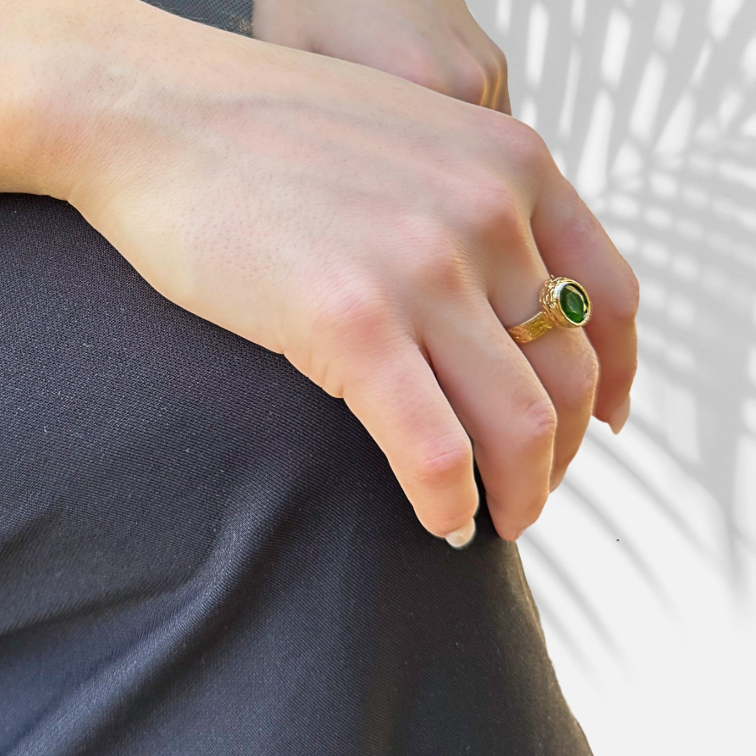 Cleopatra Gold &amp; Green Jade Stone Adjustable Ring