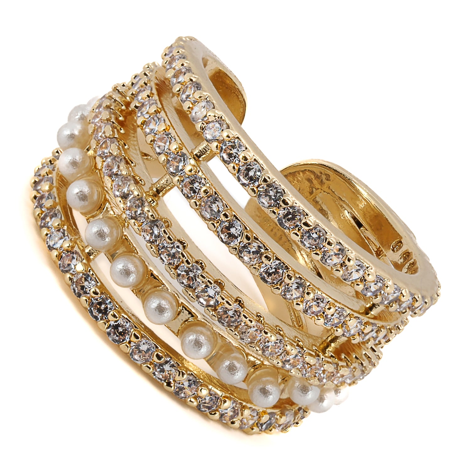 Captivating Sparkle: Pearl &amp; Diamond Cuff Earring, Adjustable Elegance.