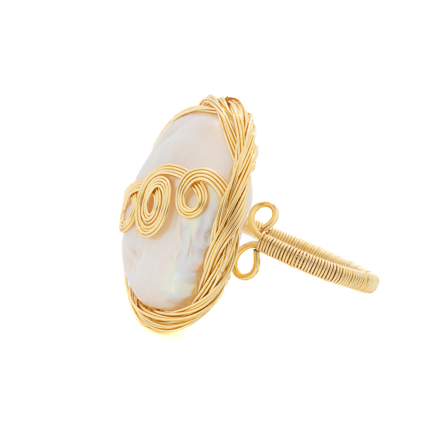 Cleopatra Pearl &amp; Gold Spiral Ring - Exquisite Handcrafted Design