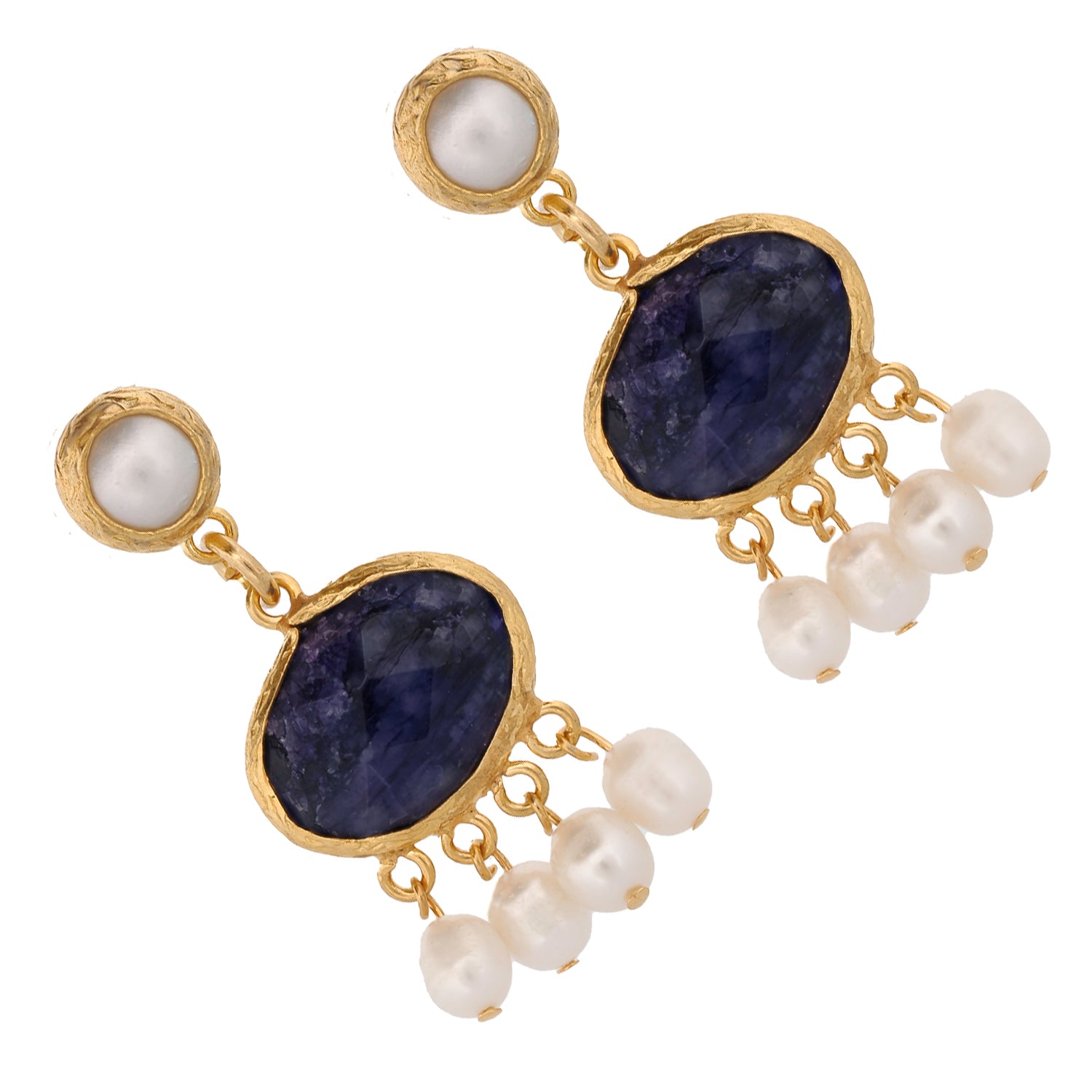 Chic Gold Tassel Earrings with Pearls and Deep Blue Sapphires