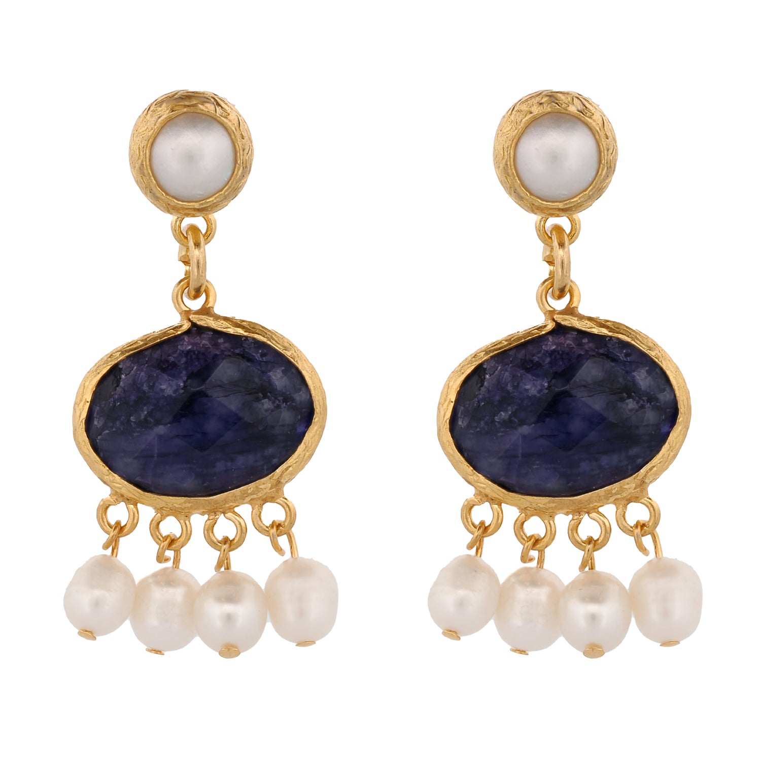 Cleopatra Pearl &amp; Sapphire Stone Tassel Earrings with 24K Gold Plating