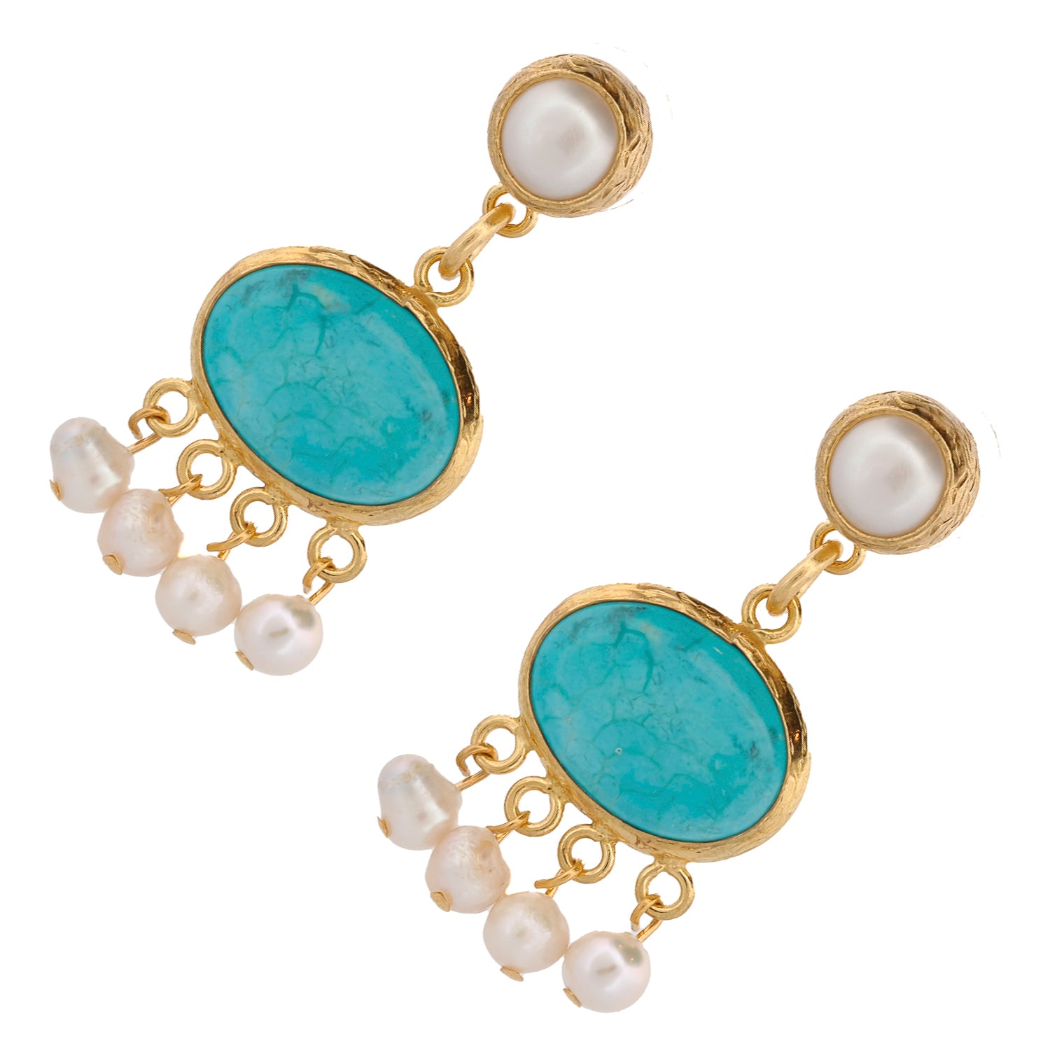Cleopatra Pearl &amp; Turquoise Stone Tassel Earrings