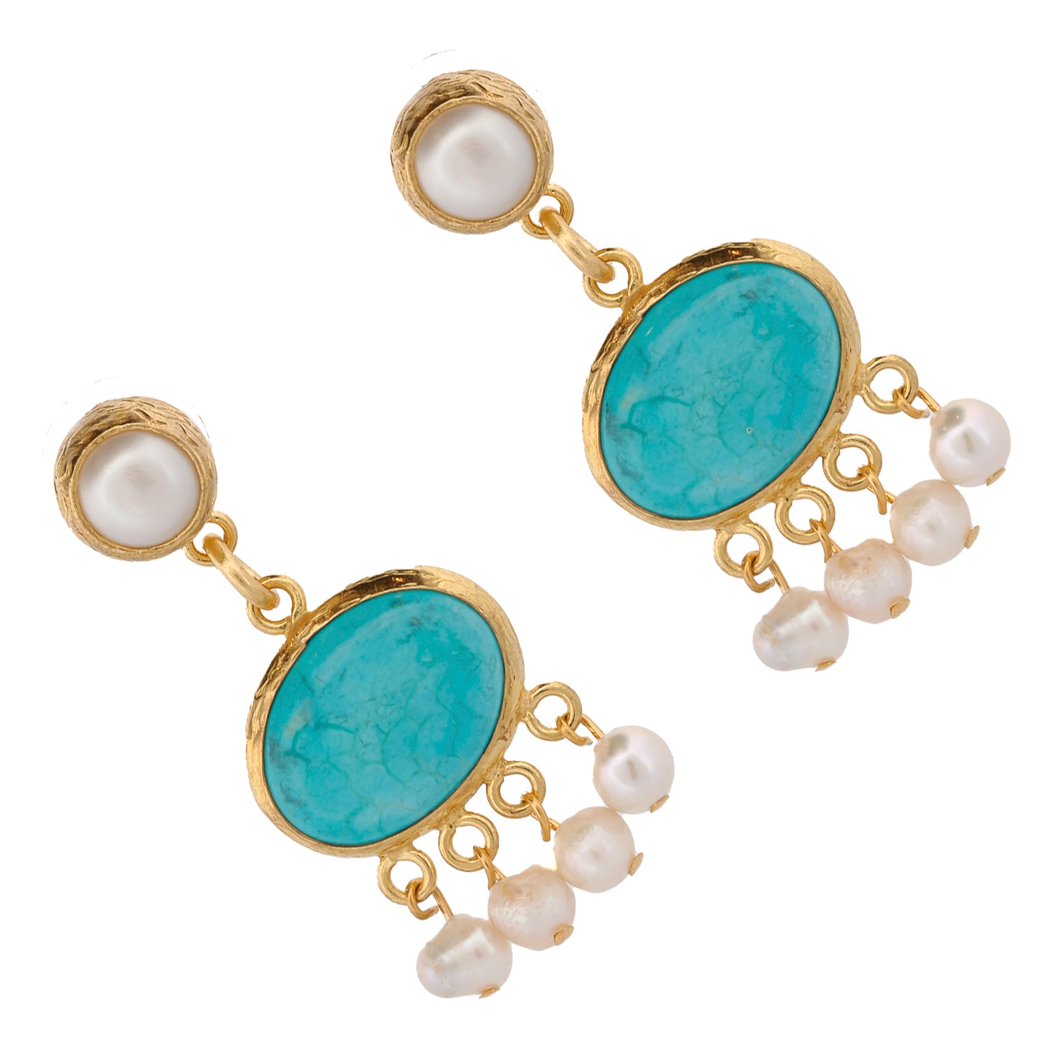 Cleopatra Pearl &amp; Turquoise Stone Tassel Earrings