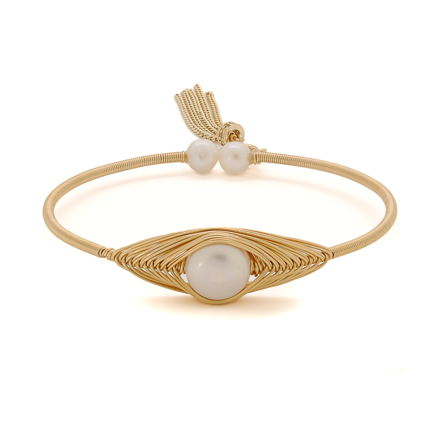 Luxurious Cleopatra Gold & Pearl Tassel Cuff Bracelet with exquisite pearls.