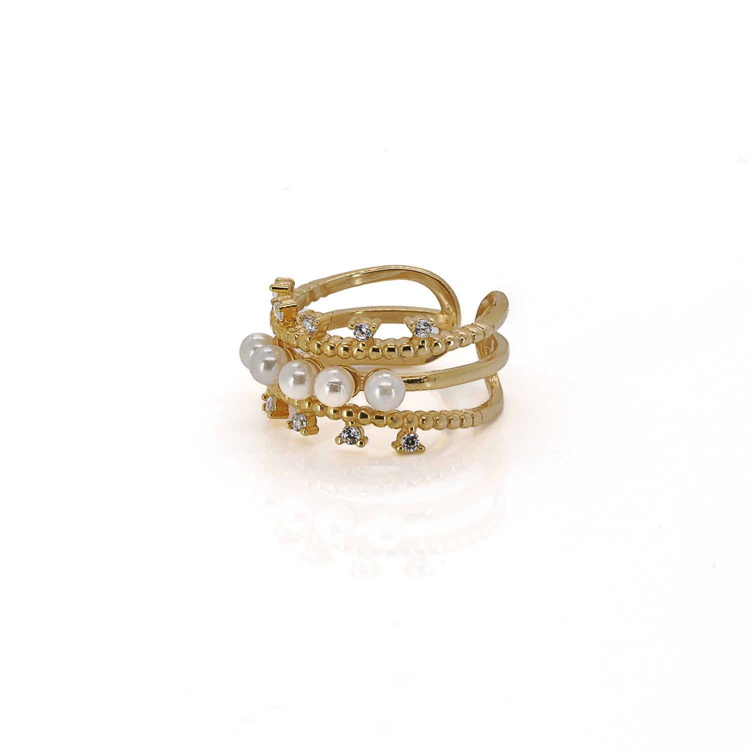 Cleopatra Pearl &amp; Diamond Gold Adjustable Ring - Sterling Silver and 18K Gold Plated