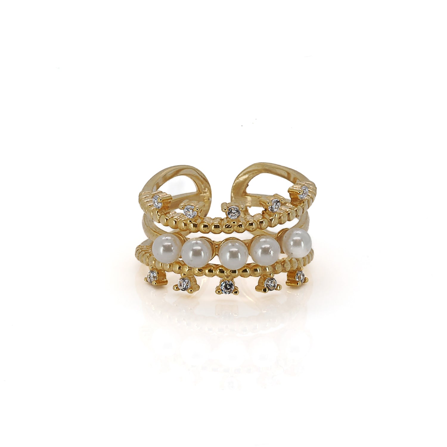 Chic and Elegant Cleopatra Pearl &amp; Diamond Gold Adjustable Ring - Adorned with Pearls and CZ Diamonds