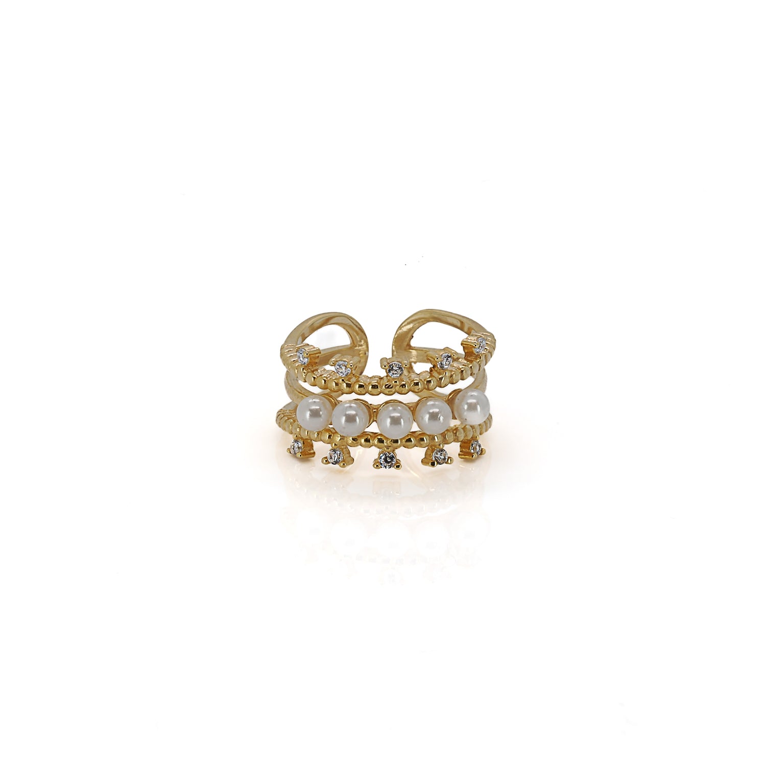 Elegance and Sparkle - Cleopatra Pearl & Diamond Gold Adjustable Ring with Pear Stone and CZ Diamond