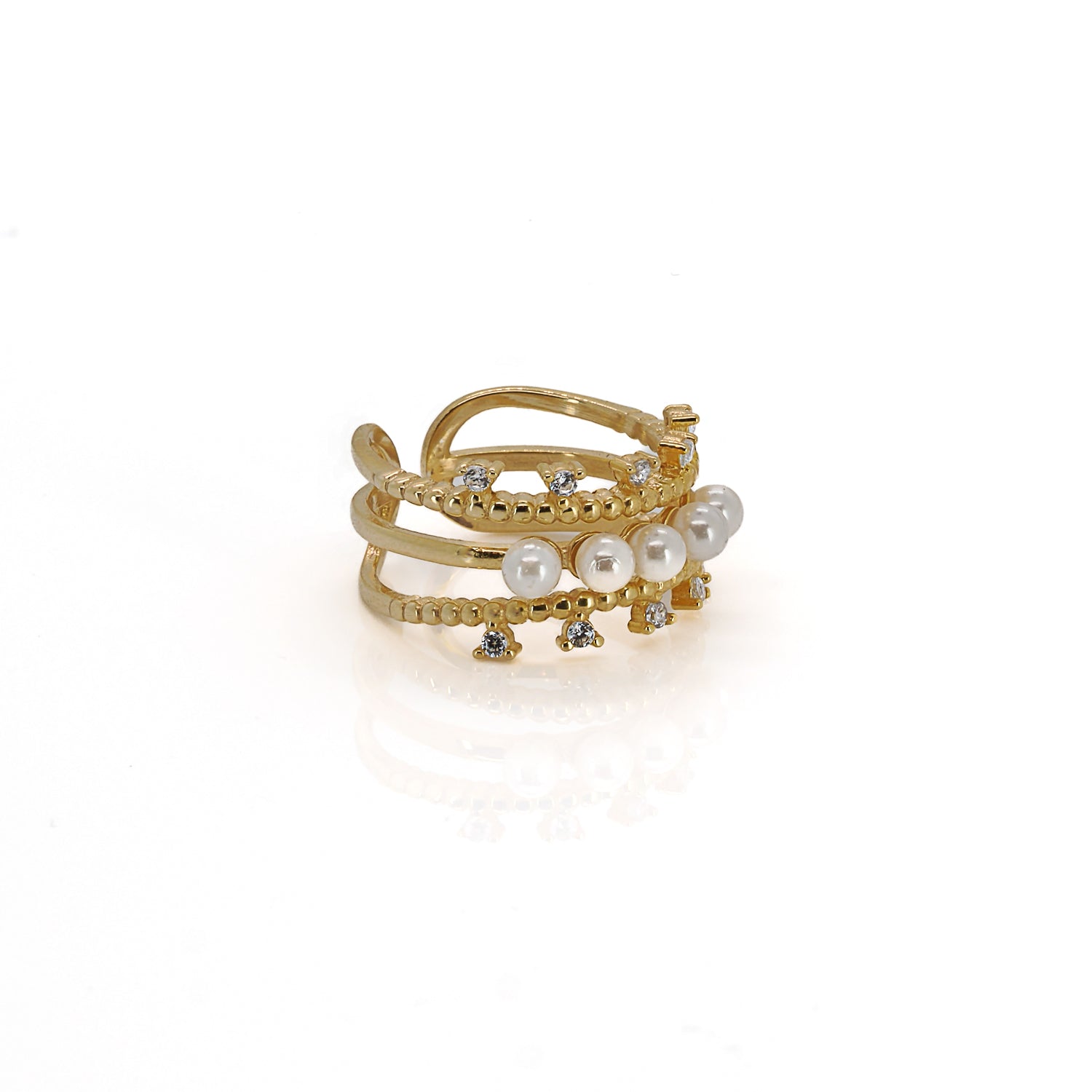 Cleopatra Pearl &amp; Diamond Gold Adjustable Ring - Embrace Elegance and Modernity