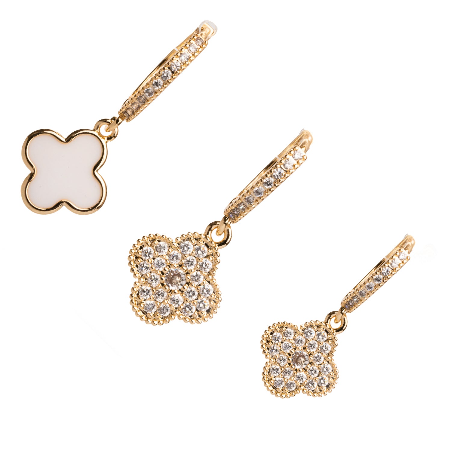 Gold clover hoop earring set with sparkling CZ diamonds and a white enamel accent, designed for elegance.