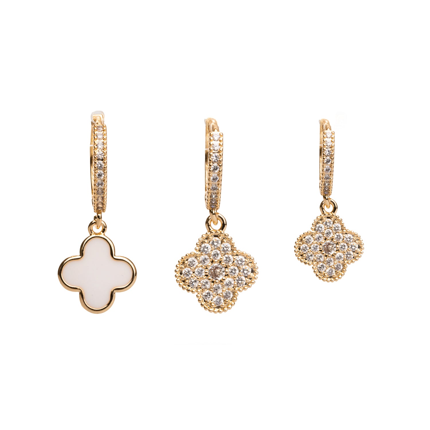 Clover-shaped gold hoop earrings set with CZ diamonds and white enamel, symbolizing elegance and good fortune.