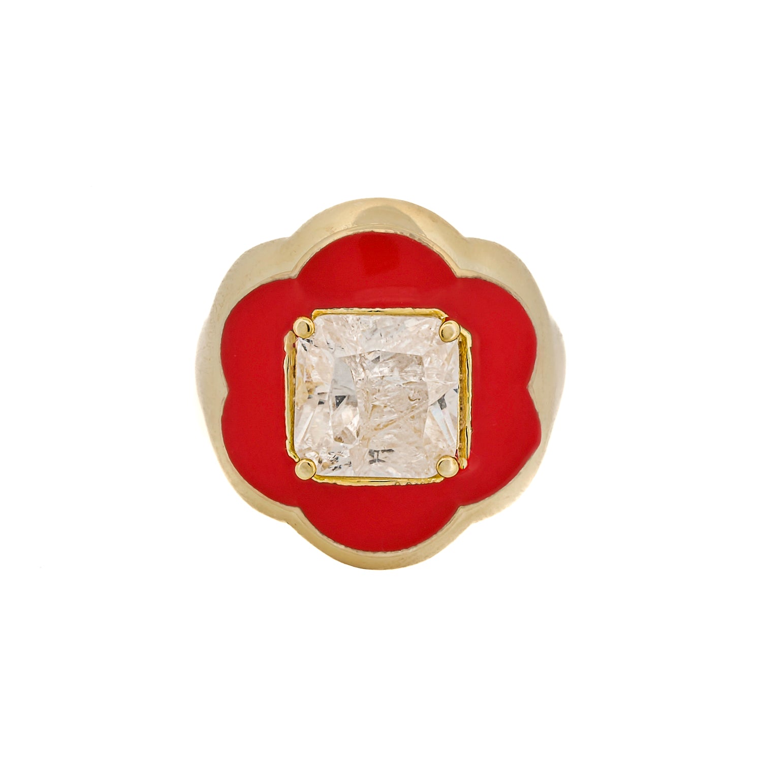 Clover Red Enamel &amp; Diamond Gold Lucky Ring