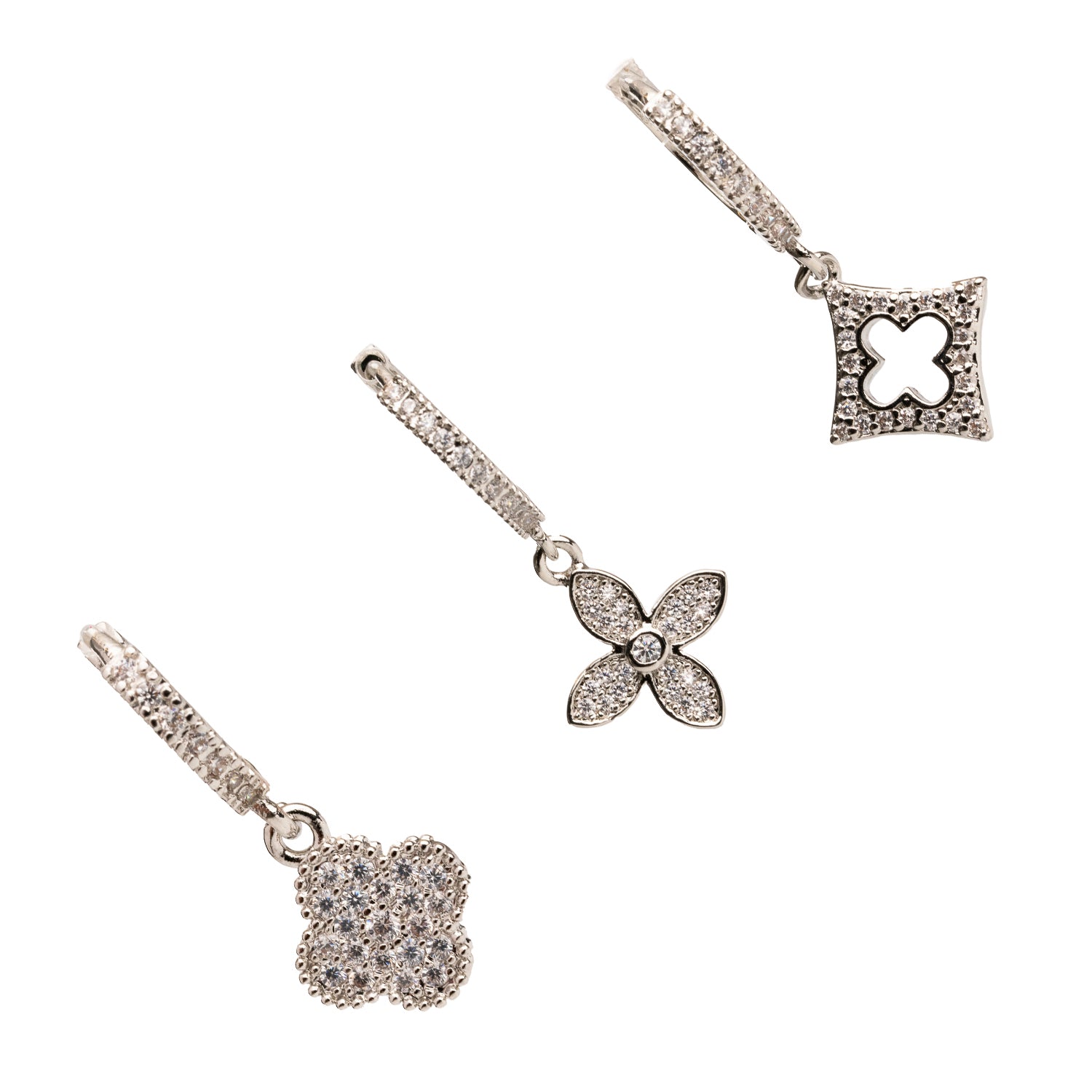 Trio of clover-shaped hoop earrings, silver and CZ diamonds, perfect for glamorous occasions.