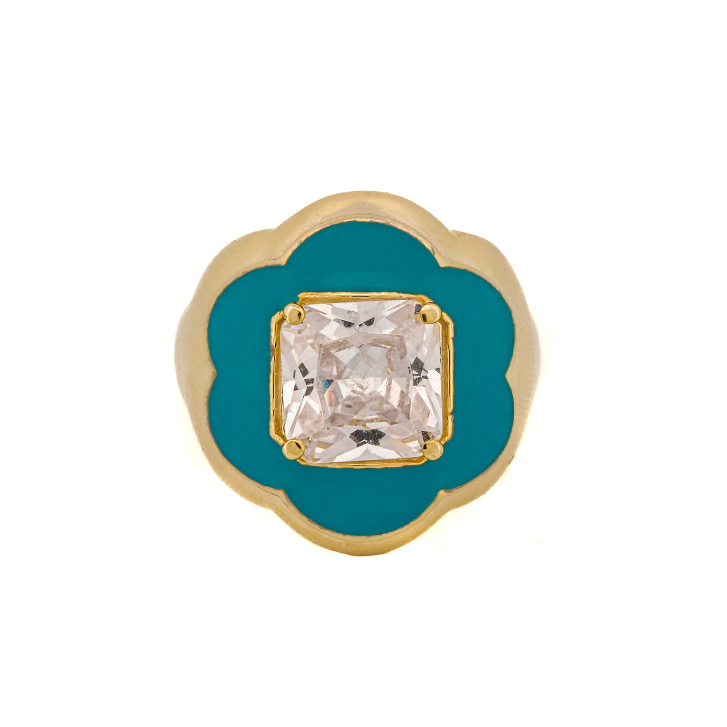 Clover Turquoise Enamel &amp; Diamond Gold Lucky Ring