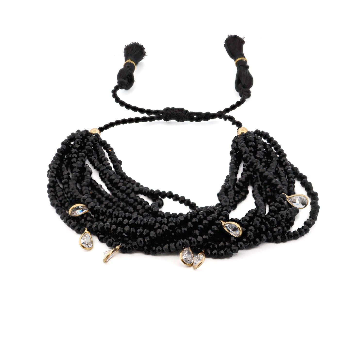 Handcrafted multi-strand black crystal bead bracelet with sterling silver and Swarovski teardrop charms