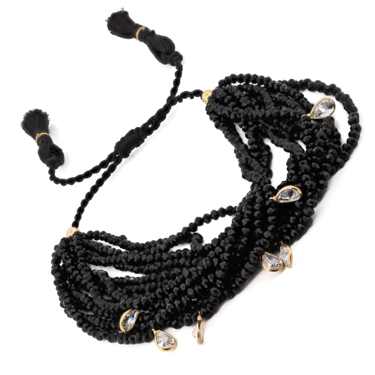 Stylish black crystal bracelet with multiple strands, Swarovski teardrop charms, and adjustable fit