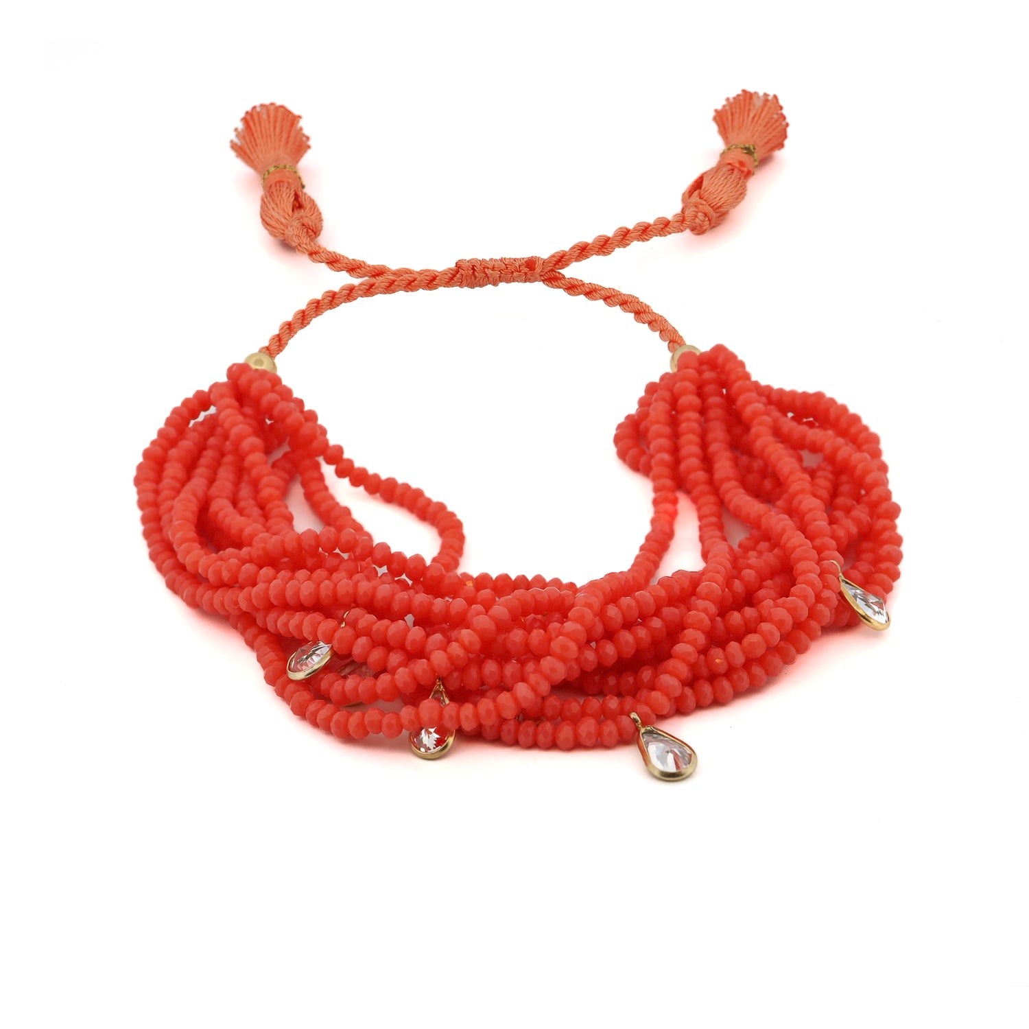 Handcrafted multi-strand orange crystal bead bracelet with sterling silver and Swarovski teardrop charms