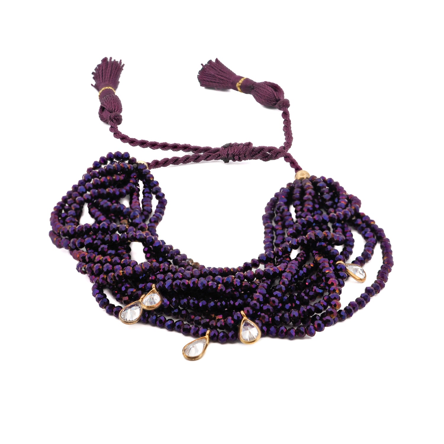 Handcrafted multi-strand purple crystal bead bracelet with sterling silver and Swarovski teardrop charms