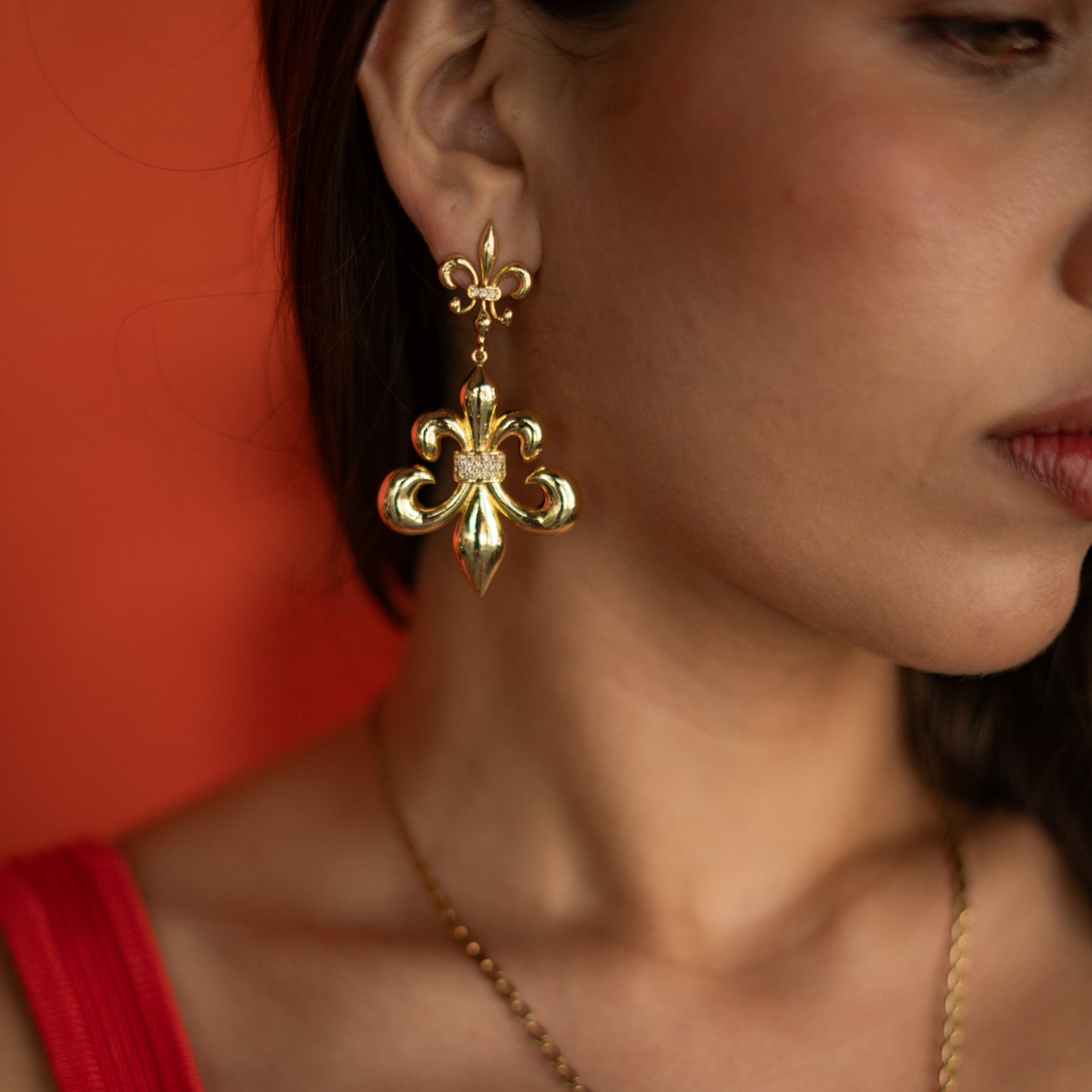 Royal Fleur de Lis Crystal Gold Drop Earrings