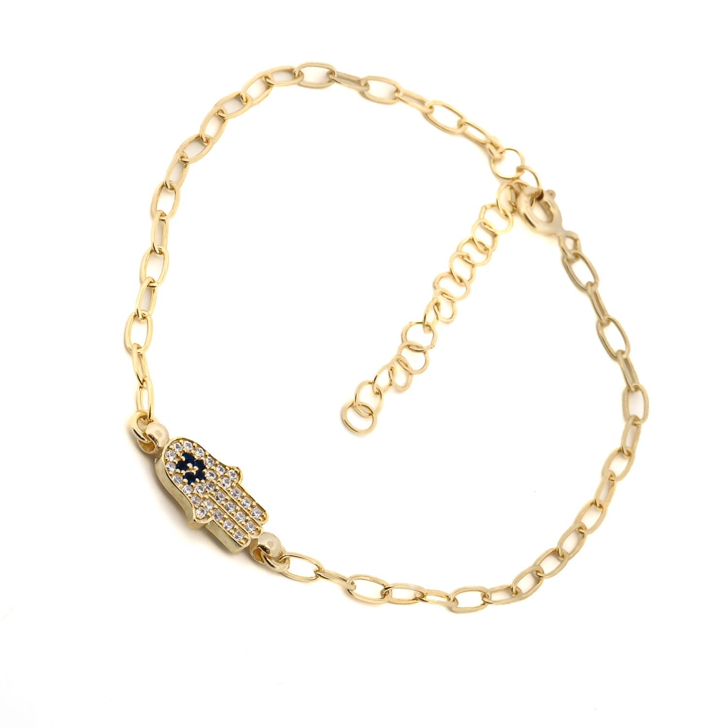 Diamond &amp; Blue Hamsa Hand Link Chain Gold Bracelet