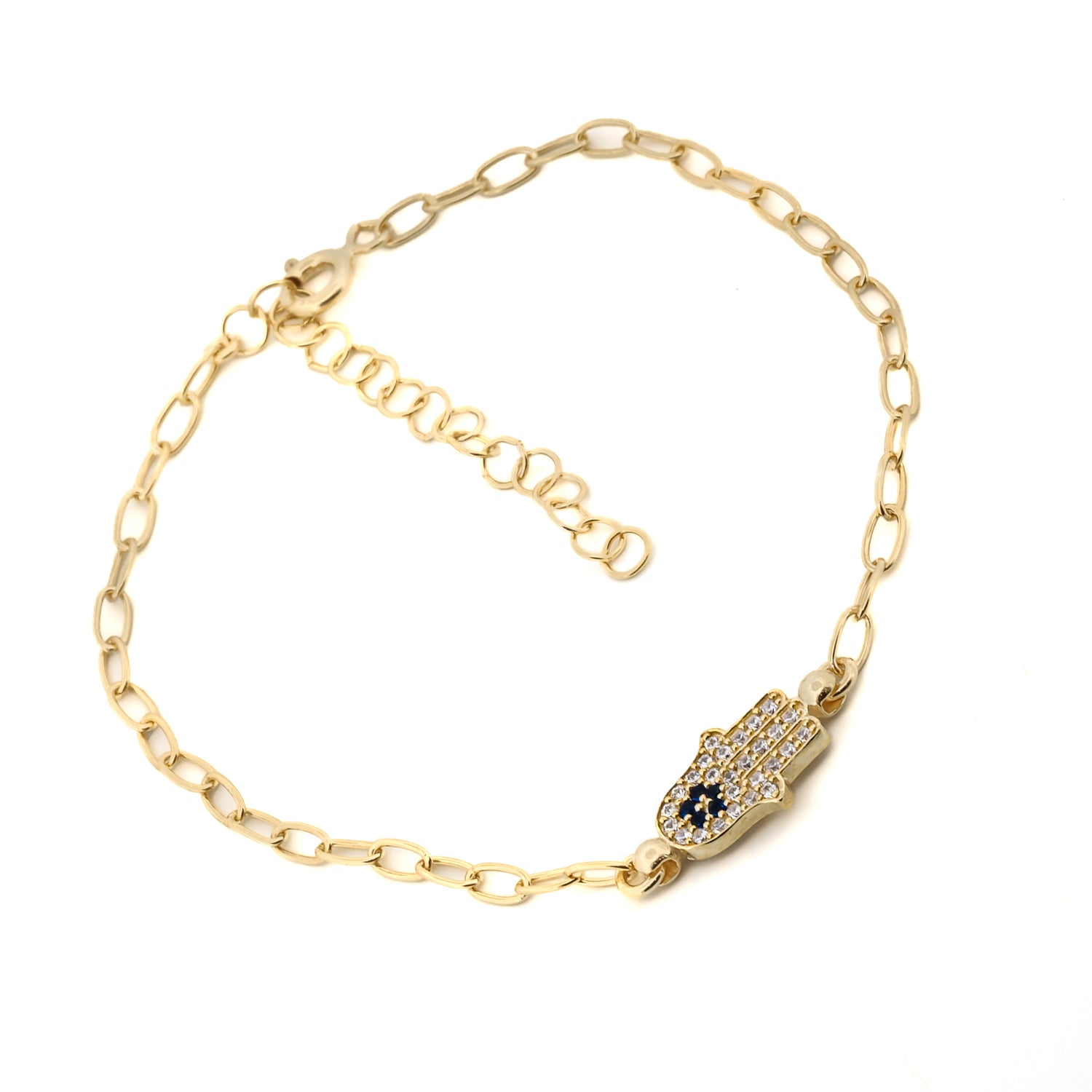 Diamond &amp; Blue Hamsa Hand Link Chain Gold Bracelet