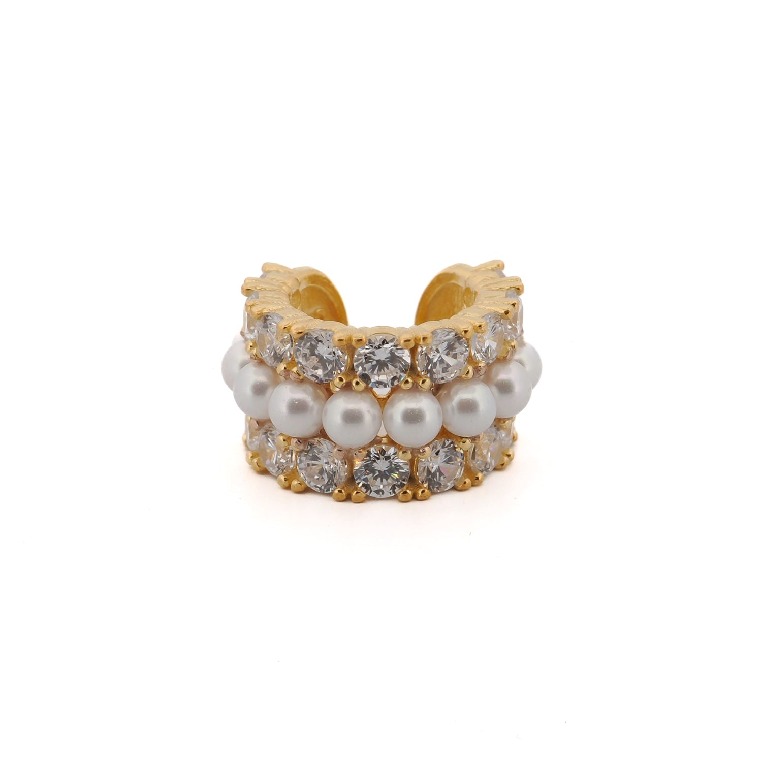 Elegant gold vermeil cuff earring featuring pearl stone and sparkling CZ diamonds