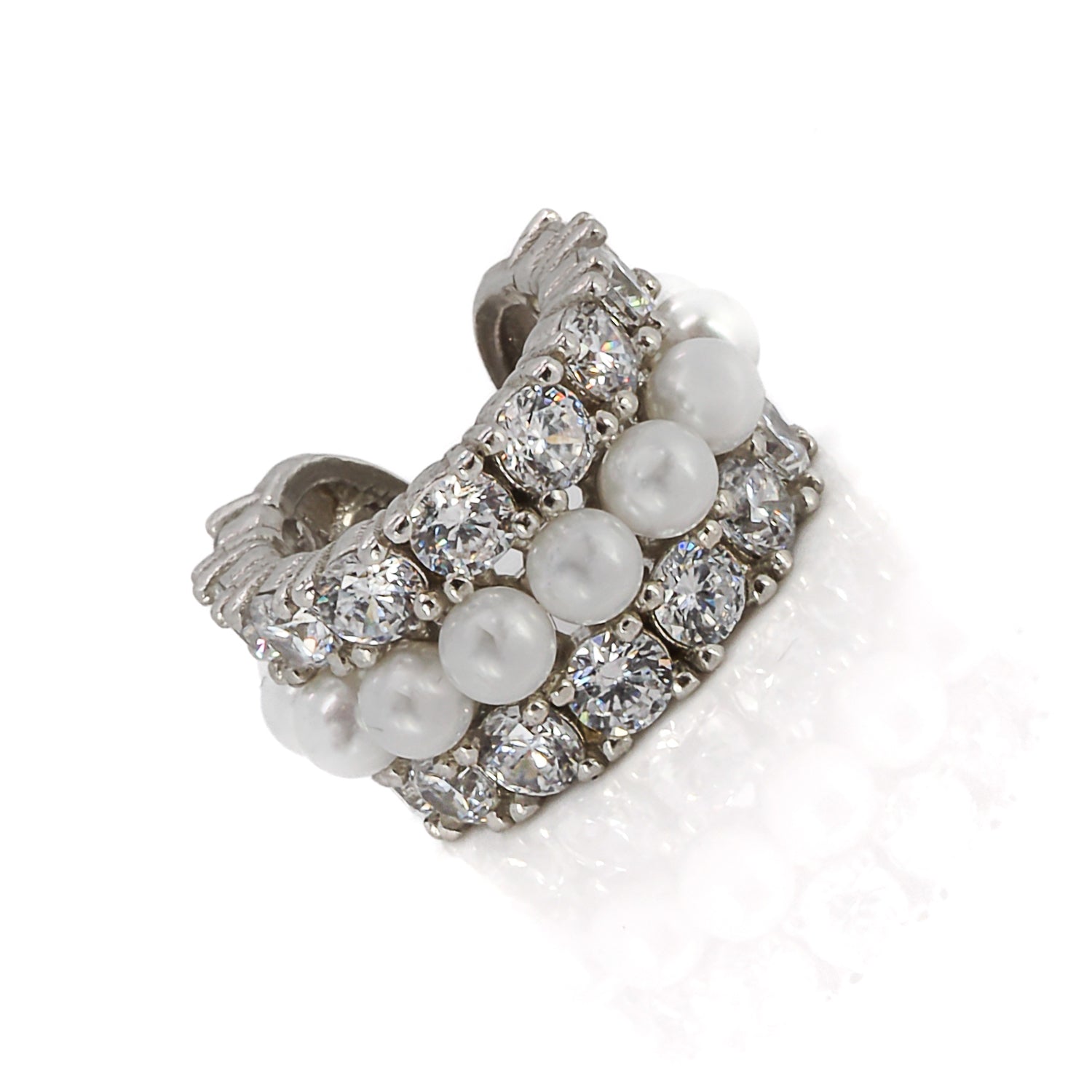Pearl and Diamond Silver Cuff Earring - A Timeless Accessory for Day or Night.