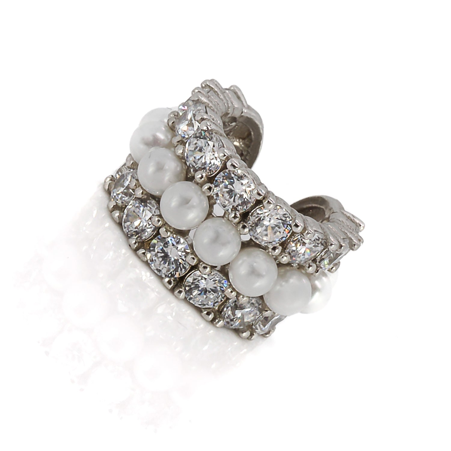 Elegance Meets Versatility - Diamond & Pearl Silver Cuff Earring Handcrafted in the USA.