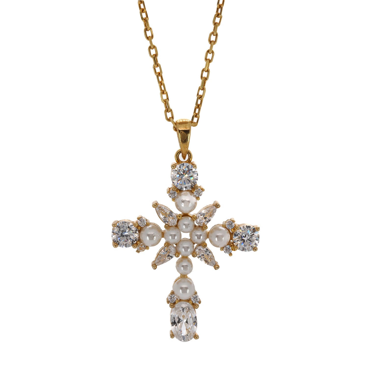 Elegant Pearl and CZ Diamond Cross Necklace