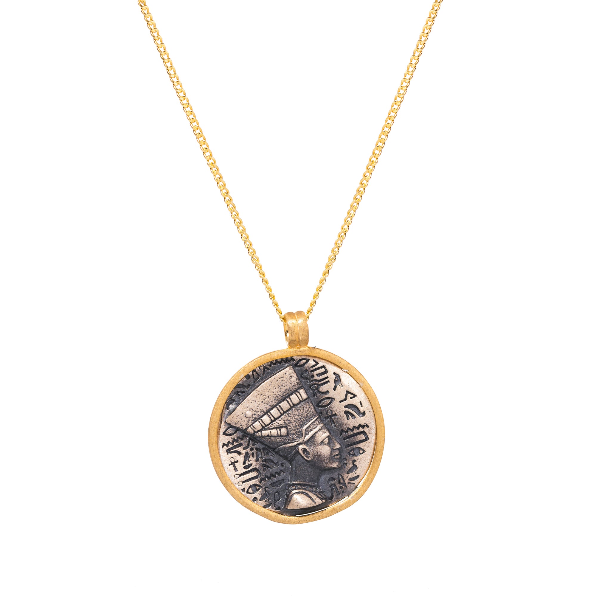 Sterling silver and gold-plated necklace with a Nefertiti pendant, celebrating the power and grace of the iconic Egyptian queen.