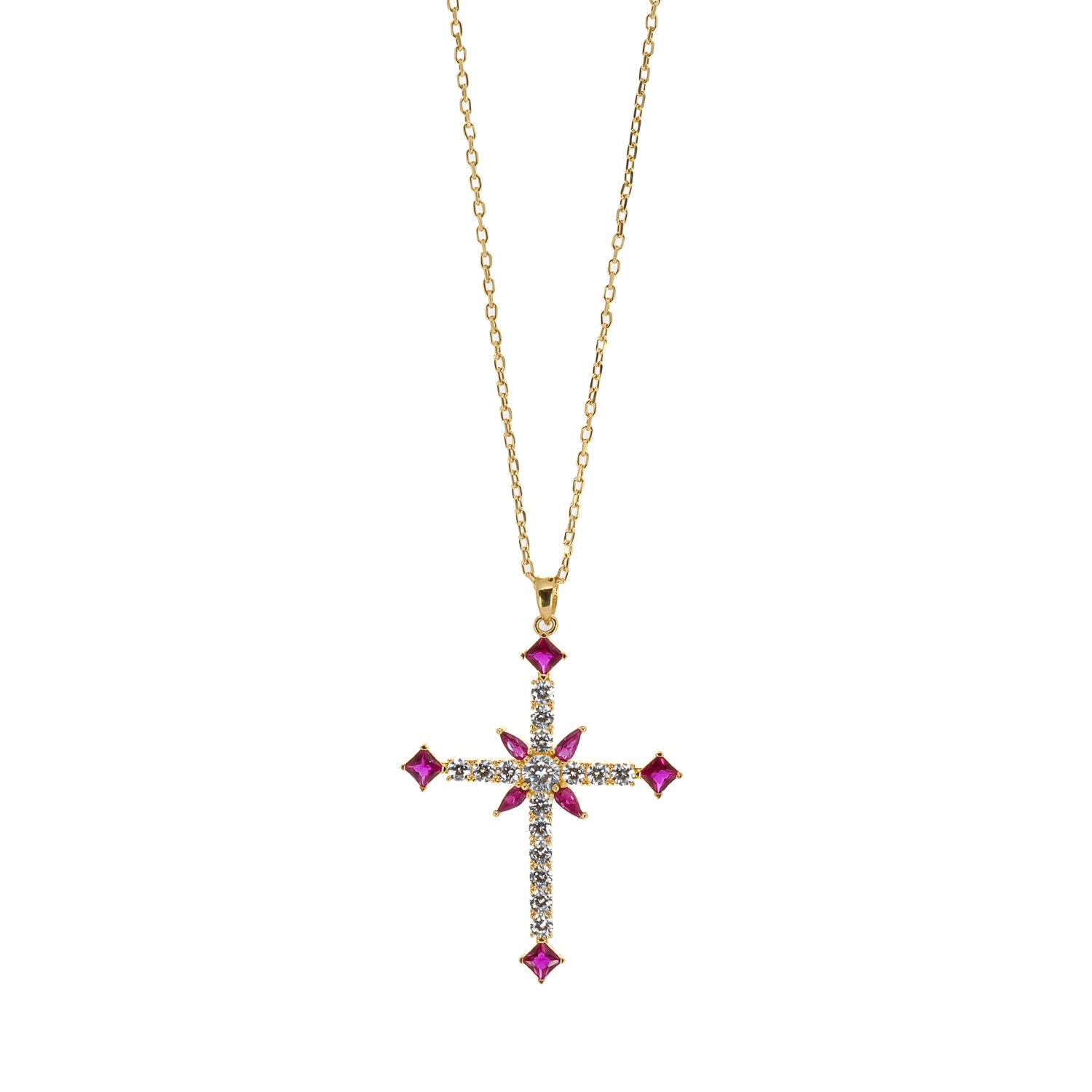 Elegant Passion Cross Necklace with Diamonds and Ruby Stone