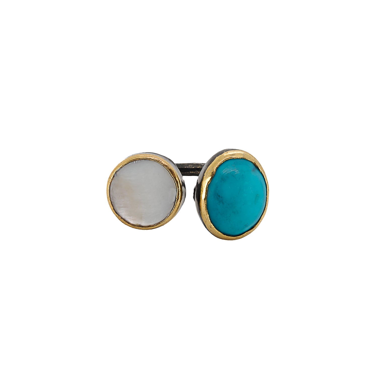 Double Gemstone Sterling Silver Ring showcasing its elegant Pearl and Turquoise pairing.