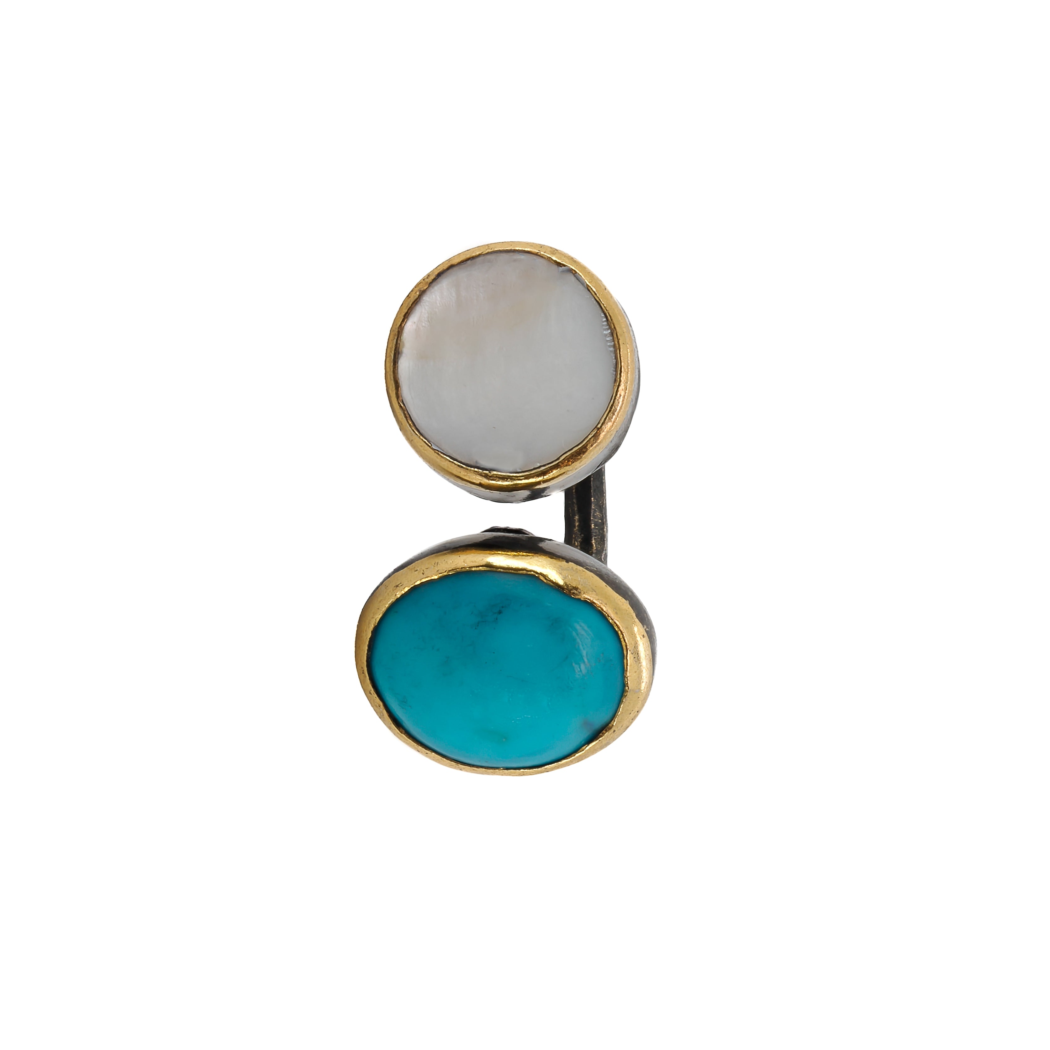 A closer look at the graceful synergy of Pearl and Turquoise in the ring's centerpiece.