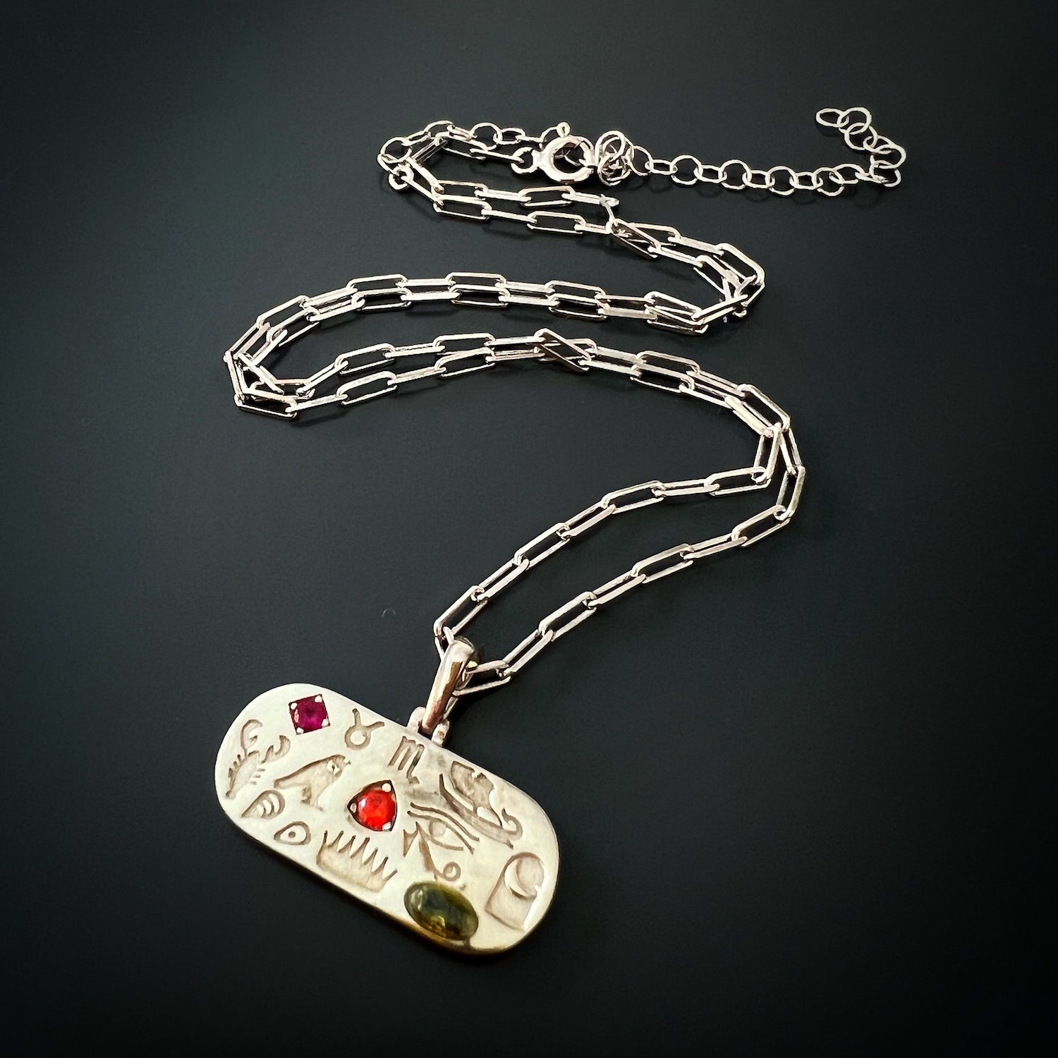Handcrafted Egyptian Symbols Necklace with Vibrant Zircon Stones, adding a pop of color and spiritual energy.