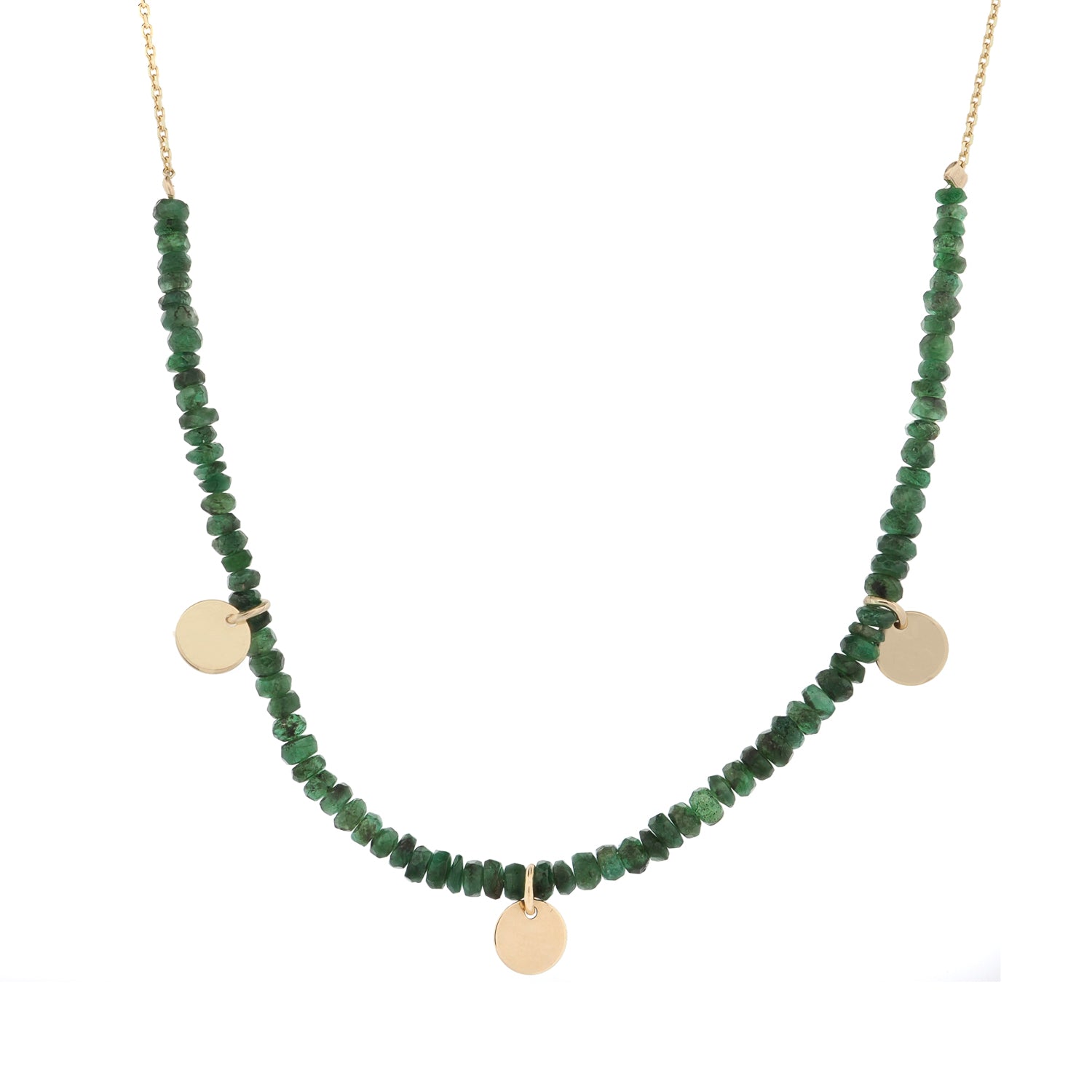 14K Yellow Gold Choker Necklace with Emerald Gemstones and Solid Gold Charms for Timeless Elegance
