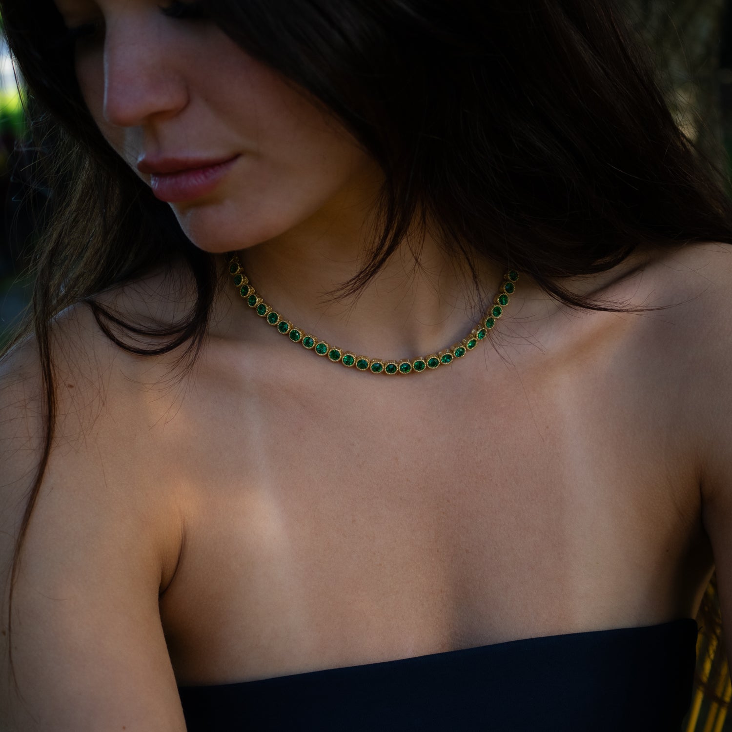 Emerald Gemstone Tennis Necklace, Gold-Plated on Bronze, for Emotional Balance and Harmony
