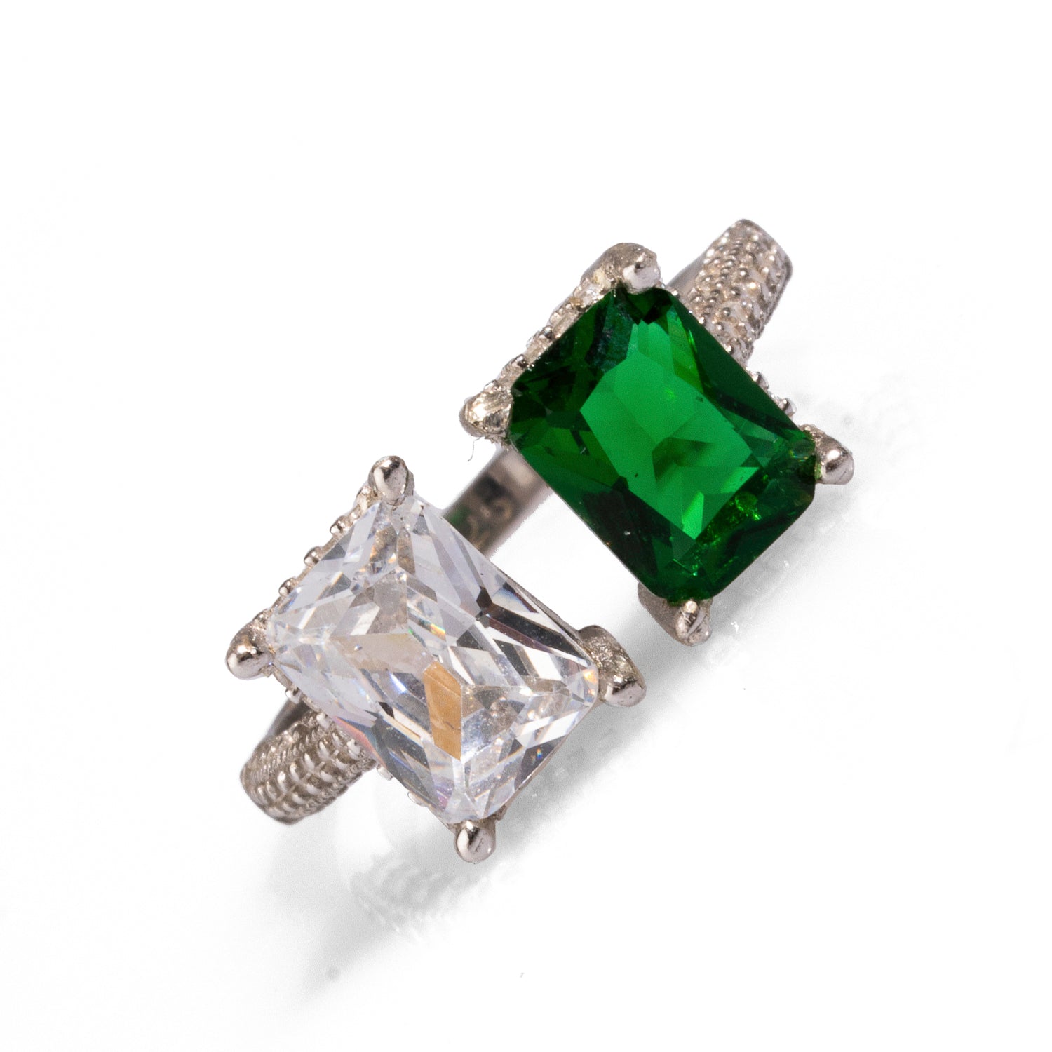 Statement ring crafted from 925 sterling silver, showcasing a beautiful emerald and diamond with CZ accents